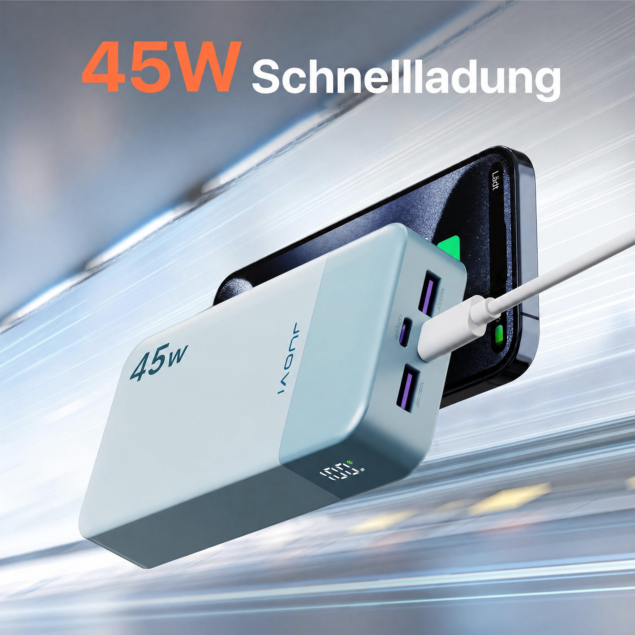 JUOVI Power Bank 45W 20000mAh USB C Schnellladegerät PD QC Fast Charging Powerbank, 4-Port (2C+2A) LED Display, für iPhone 15, iPad, MacBook