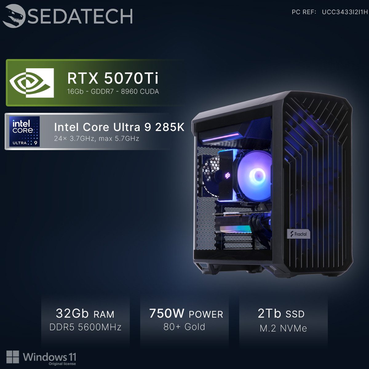 Sedatech UCC3433I2I1HF - Workstation Business-PC (Intel Intel Core Ultra 9 Intel Core Ultra 9 285K 24x 3.7GHz (max 5.7GHz), Geforce RTX5070Ti 16GB, 32 GB RAM, 2000 GB SSD, Wlan 7)