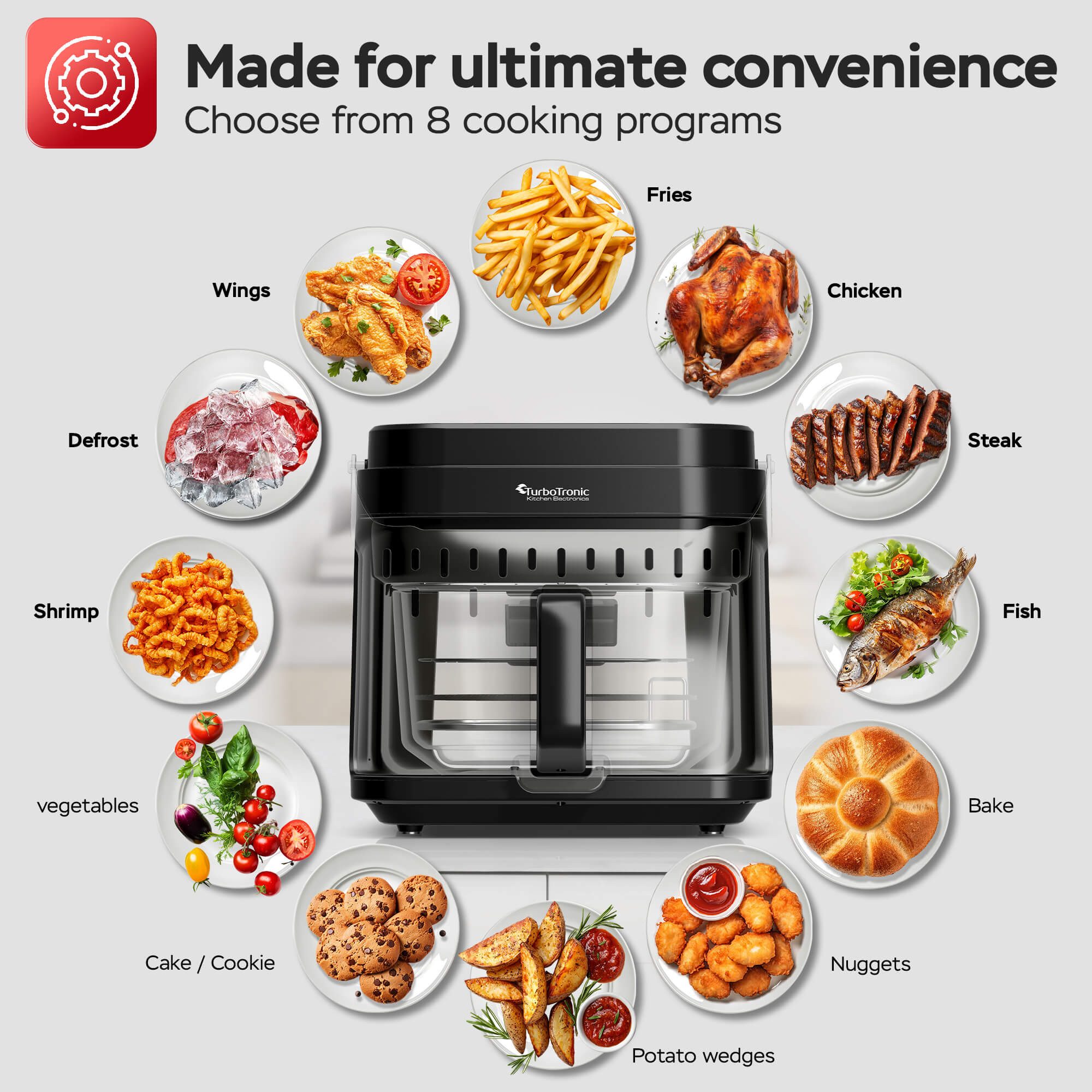 TurboTronic by Z-Line Heißluftfritteuse Glas Airfryer 40–200 °C Heißluftofen 8 Programme ohne Fett Fry & Grill, 1200 W, Dörren Heißluft Fritteuse Power Fettarm Air Fryer BPA-frei