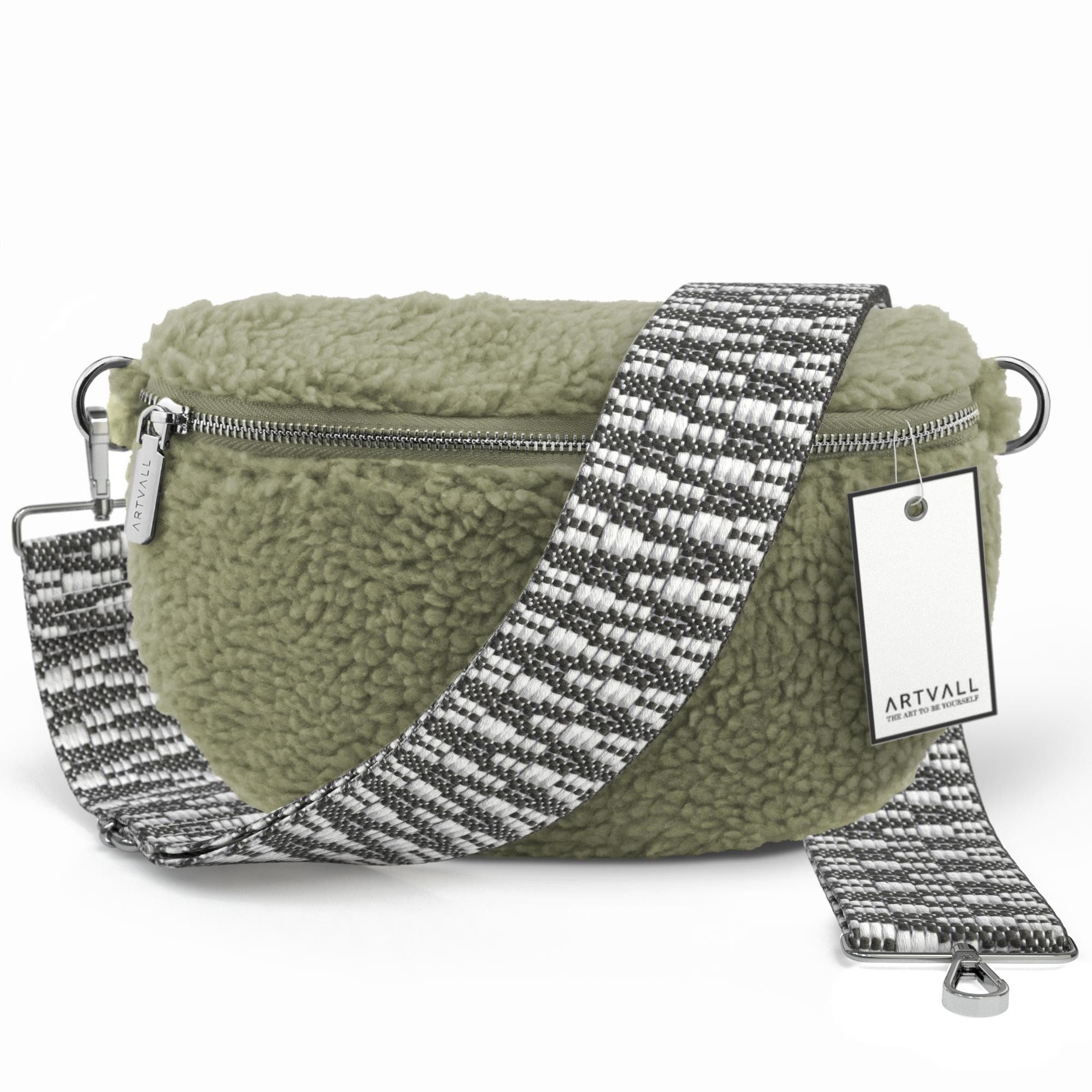 ARTVALL Umhängetasche Teddy Handtasche Damen Bag Brusttasche Minzgrün (Tasche inkl. Taschenband), Bauchtasche Teddytasche mit breitem Band Plüsch Tasche flauschig Klein