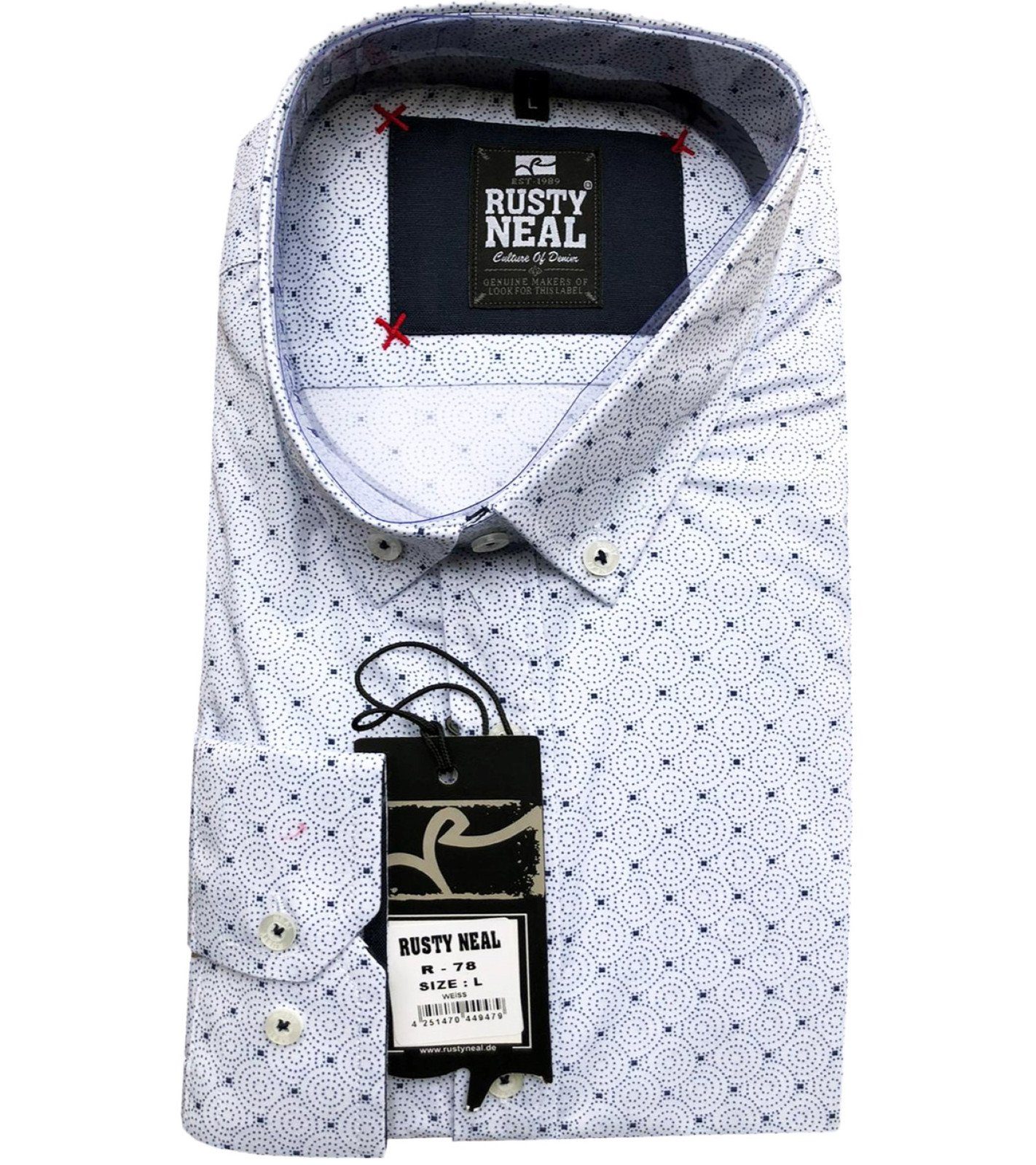 Herren Hemden Rusty Neal Langarmhemd RUSTY NEAL R-78 Herren Langarm-Hemd mit geometrisches Muster Button-Down-Hemd Weiß