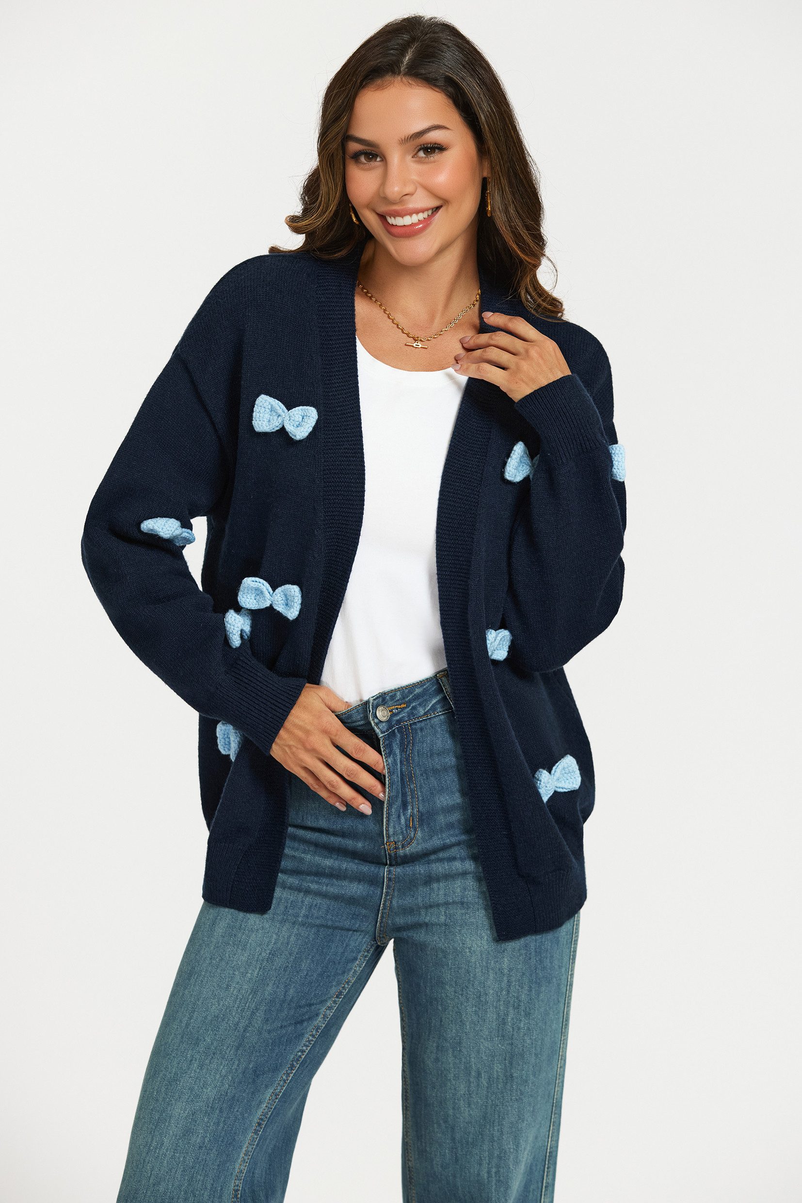 FS Collection Strickjacke Damen Strickjacke Cardigan Wollmix 3D Schleifen Oversize Marineblau (Einheitsgröße) 56 % Viskose, 18 % Wolle, hellblaue 3D-Schleifen