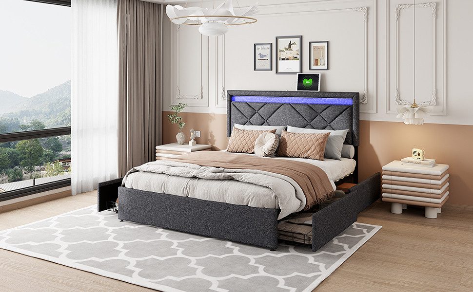 FUROKOY Polsterbett LED-Beleuchtung Doppelbett Stauraumbett, 140x200cm günstig online kaufen