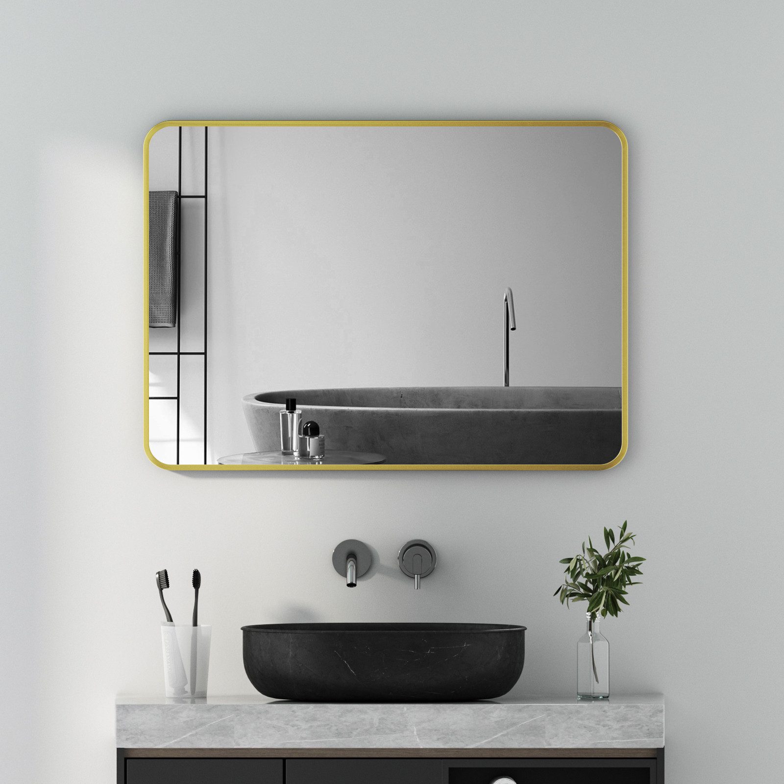 Boromal Spiegel Wandspiegel Rechteckig 50x70 60x80 Schwarz / Gold Metallrahmen Rattan (Badezimmerspiegel Dekospiegel Badspiegel, Rechteckig), Vertikal und Horizontal möglich, mit explosionsgeschützte membran