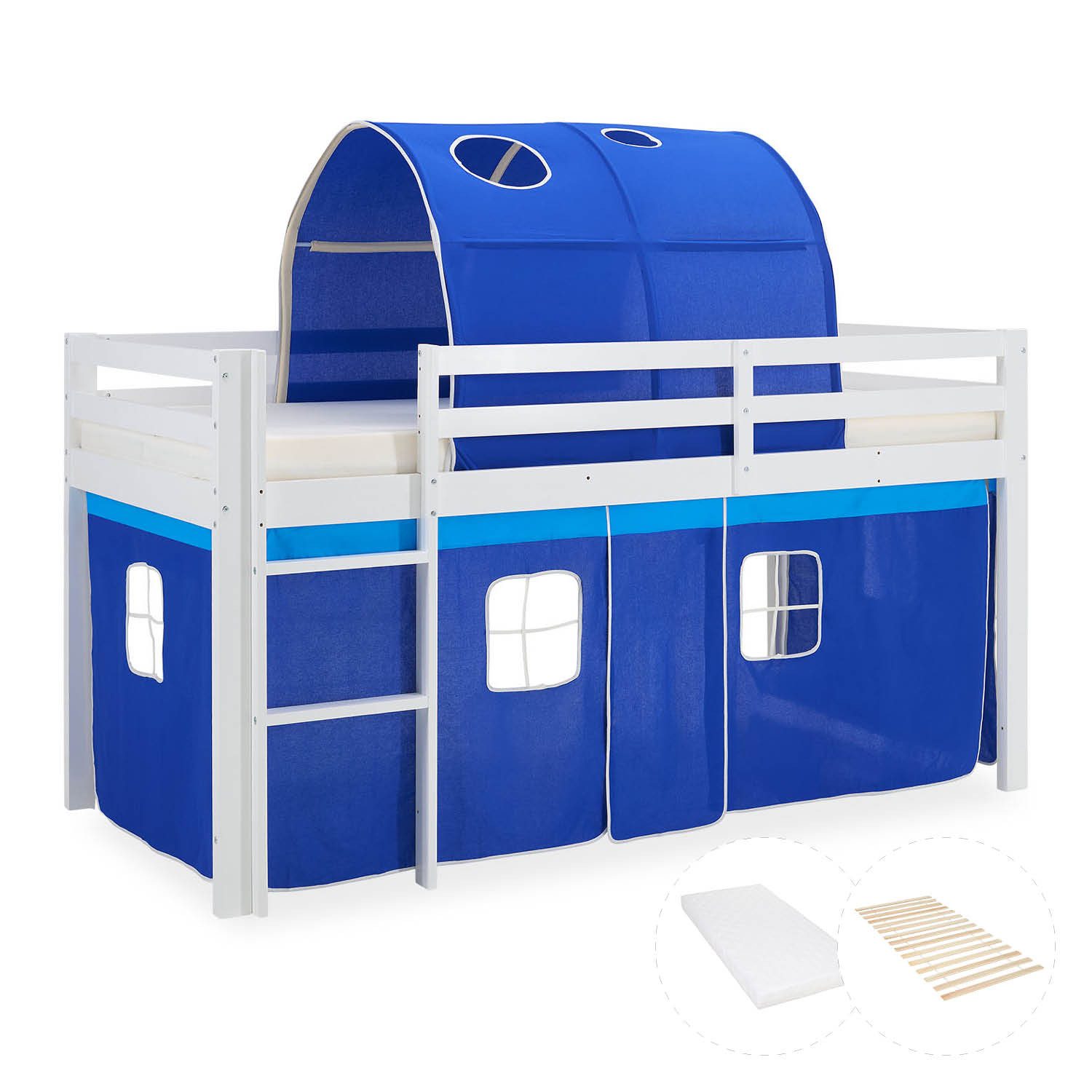 Homestyle4u Hochbett Kinder mit Rutsche 90x200 mit / ohne Matratze Holz Blau Jungen (Komplett-Set mit Lattenrost, mit Tunnel, Matratze mit OEKO-TEX® Standard 100) mit Rausfallschutz, Blau, Junge