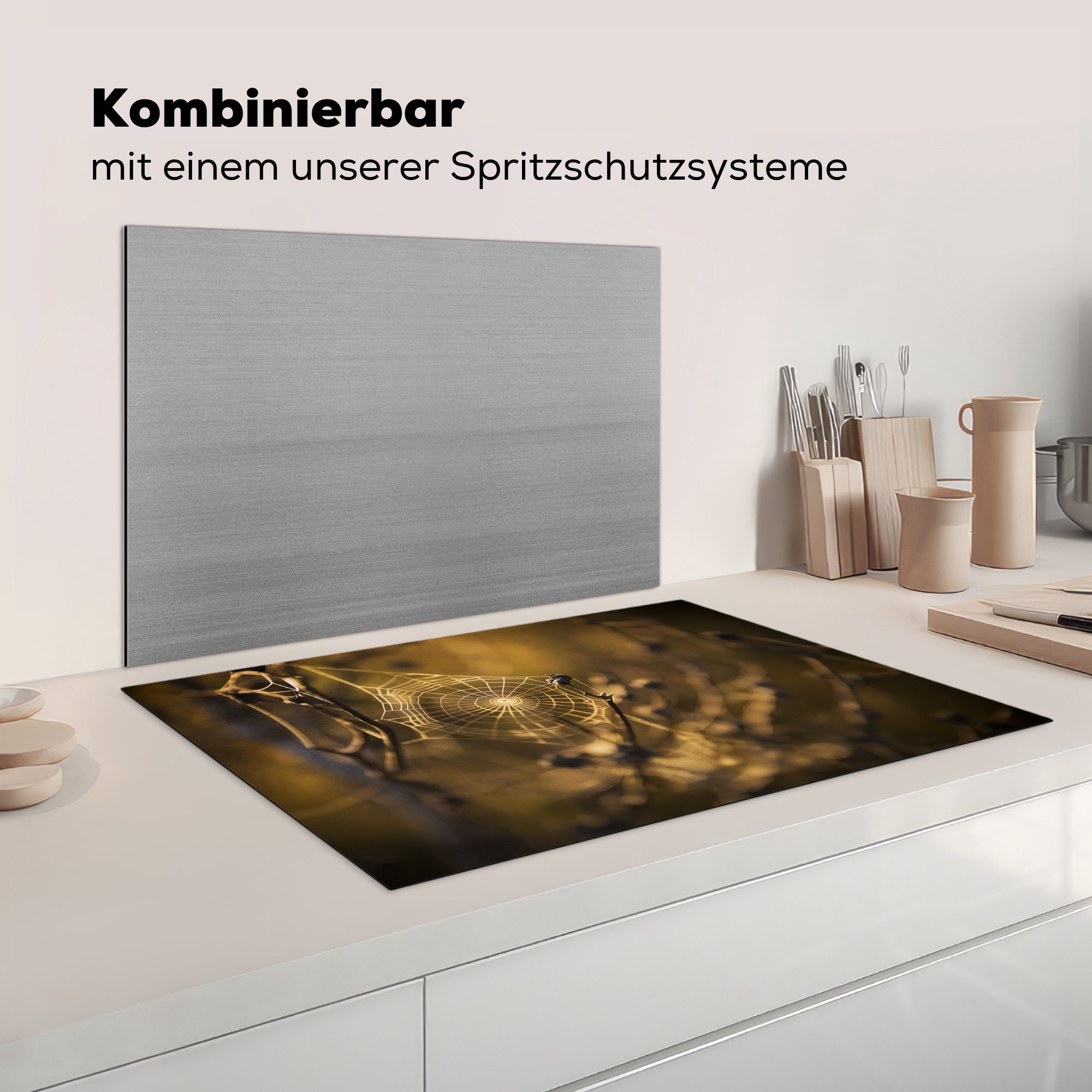 (1 Vinyl, Zweigen, küche, die für MuchoWow Tau cm, Ceranfeldabdeckung Schutz auf Herdblende-/Abdeckplatte tlg), Induktionskochfeld Spinnennetz zwischen 81x52