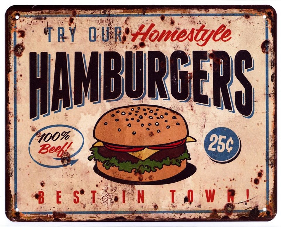 Burgers USA Amerika Schild geprägt 20x15 cm Retro Reklame Blechschild M7