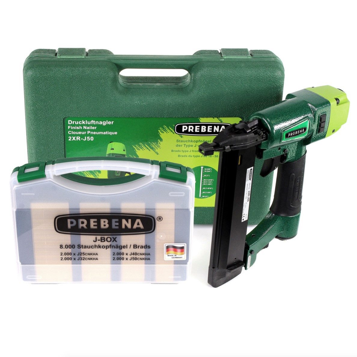 Prebena Druckluft-Nagler 2XR-J50 Luftdruck Druckluftnagler im Transportkoffer + J-BOX 8.000