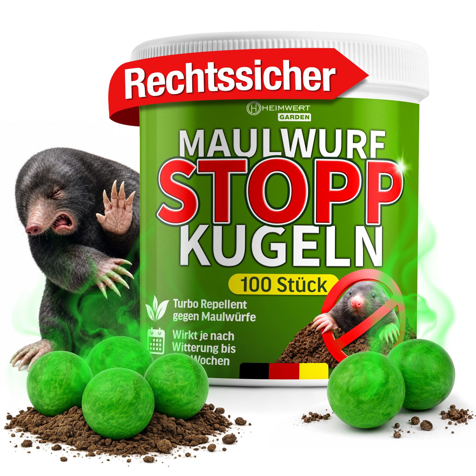 HEIMWERT Vergrämungsmittel Heimwert Maulwurfkugeln, 100 Stück, 1-St., Vorteilspackung, Giftfrei, geräuschlos, Langzeitwirkung bis zu 85 Tage, Made in Germany