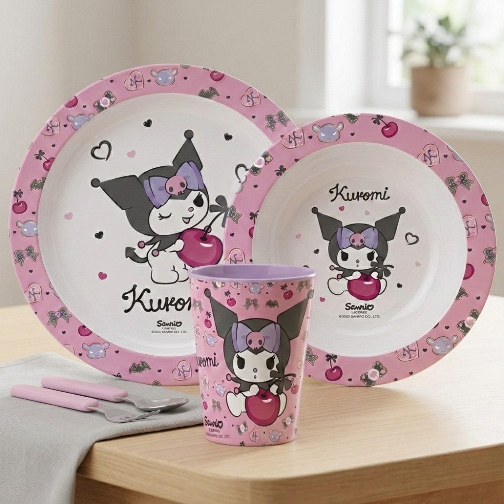 Hello Kitty Kindergeschirr-Set Hello Kitty Kuromi Kinder Geschirr-Set 3 tlg Becher Teller Schüssel (3-tlg), 1 Personen