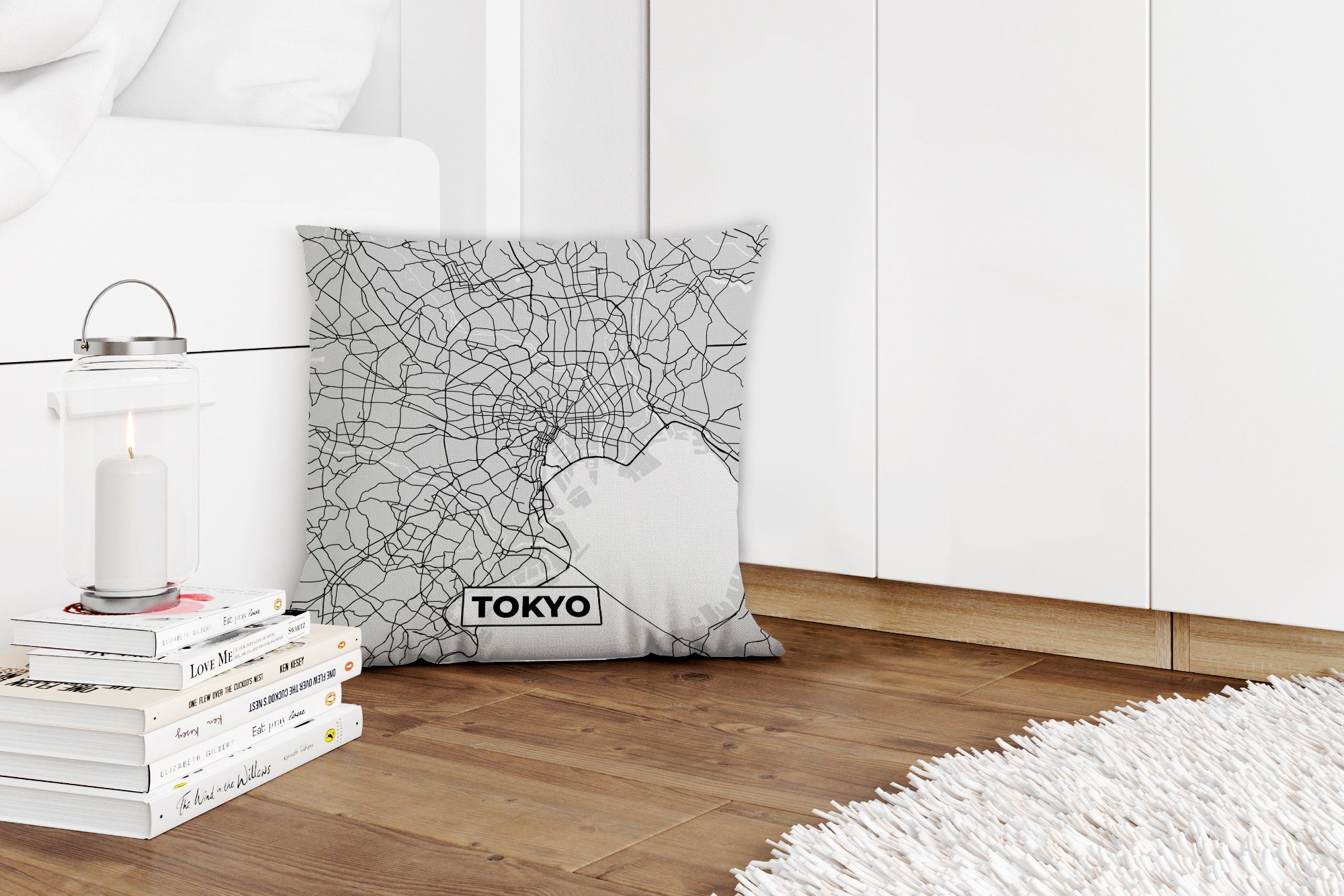 Wohzimmer, Deko, weiß Schlafzimmer, - Sofakissen Schwarz Dekokissen Stadtplan - Zierkissen - Karte, und Füllung MuchoWow mit für Tokio