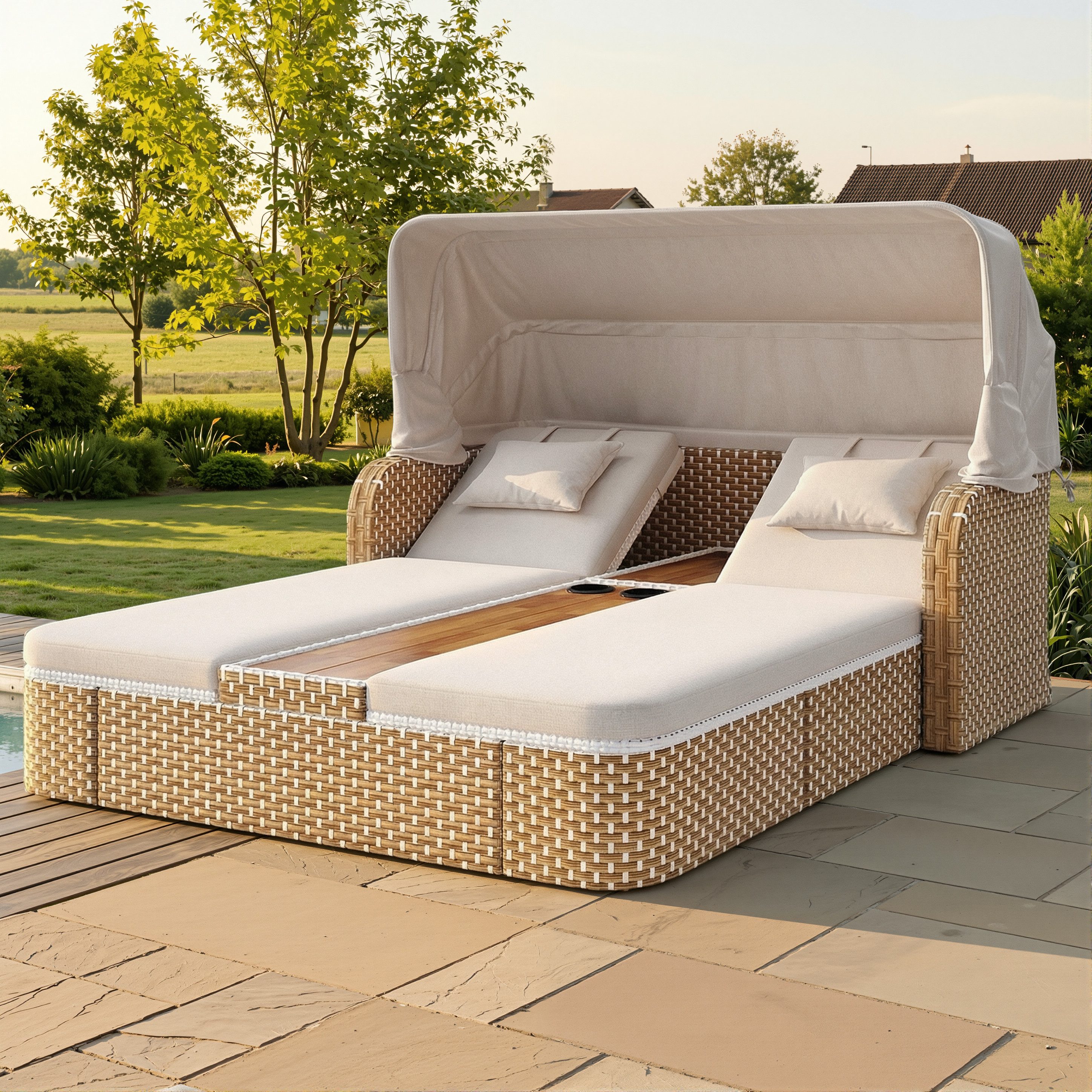 REDOM Gartenlounge-Set mit Sonnenschutz, (aus Polyrattan,Für Balkon & Garten,Beige/Grau, 1-tlg)