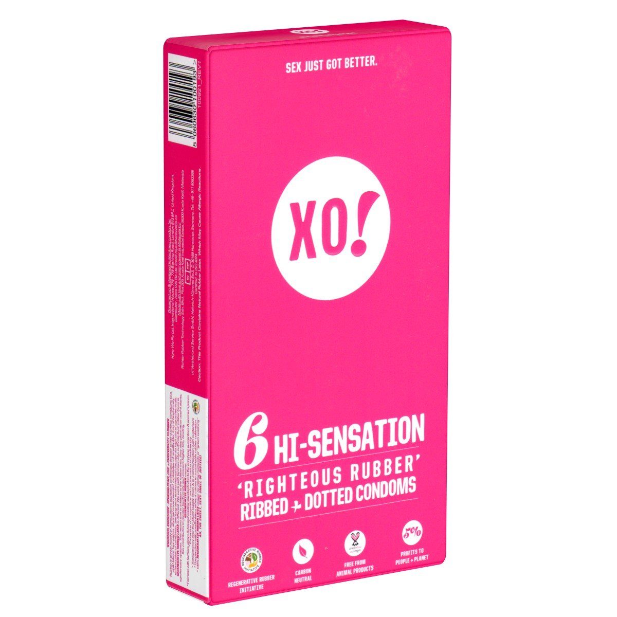 XO Kondome HI-Sensation Packung mit, 6 St., vegane, biologisch abbaubare Kondome -, stimulierende Kondome mit Rippen und Noppen