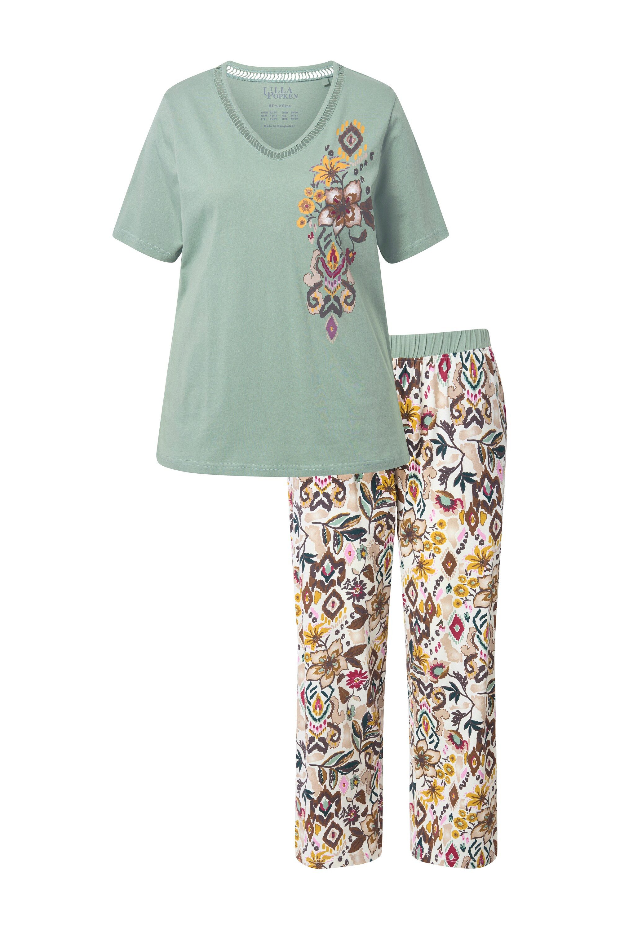 Ulla Popken Pyjama Pyjama Blüten V-Ausschnitt günstig online kaufen