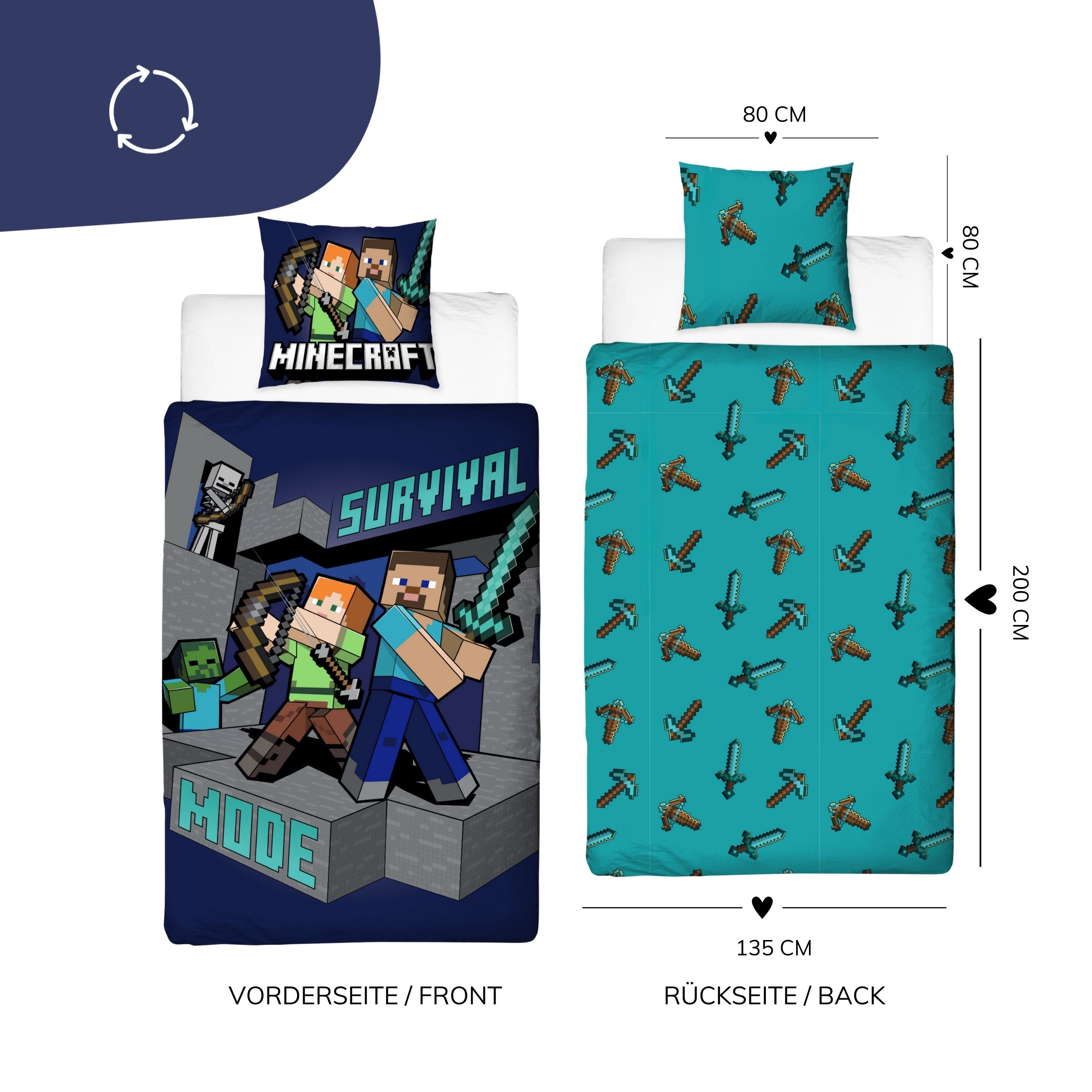 MTOnlinehandel Kinderbettwäsche Minecraft 135x200 + 80x80 cm, Geschenk für Gamer, Microfaser, 2 teilig, Wendebettwäsche für Mädchen und Jungen, Gaming – Bild 5 von 5