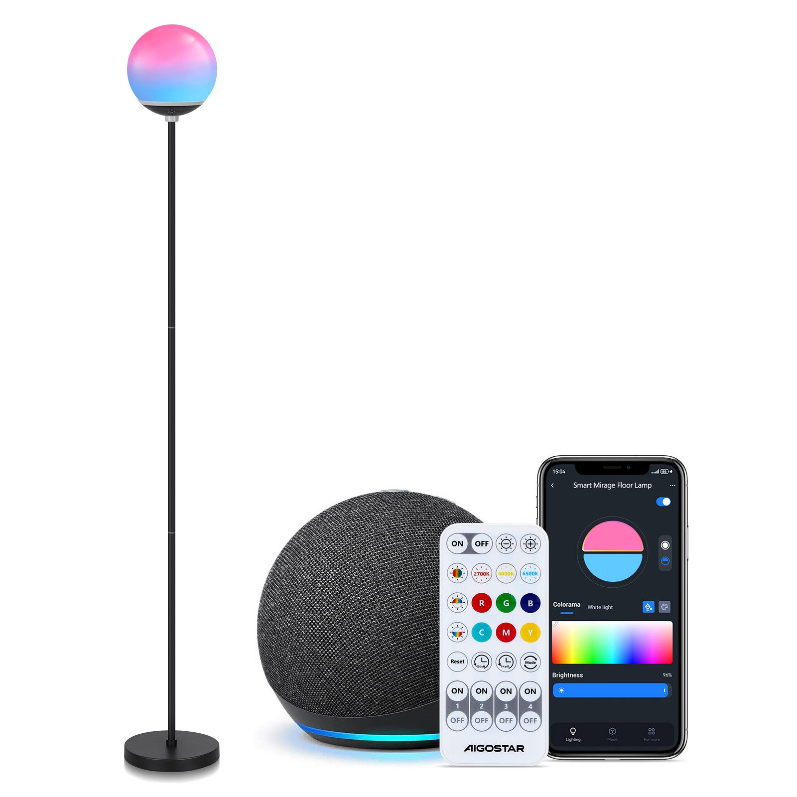 Aigostar LED Stehlampe Floor Lamp Bluetooth Mesh, 8W, 800LM, 2700K-6500K, RGB dimmbar, 8W, 800LM, 2700K-6500K, RGB dimmbar, 150 cm hoch