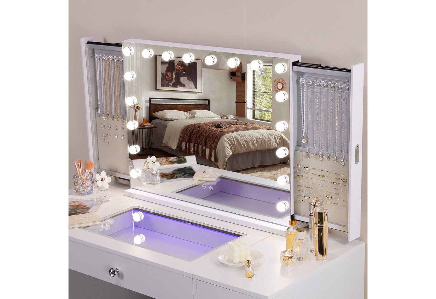 FENCHILIN Kosmetikspiegel Schminktischspiegel mit LED-Beleuchtung und integriertem Schmuckfach (1-St), Mit Bluetooth-Funktion, weiß, 80 x 60 cm