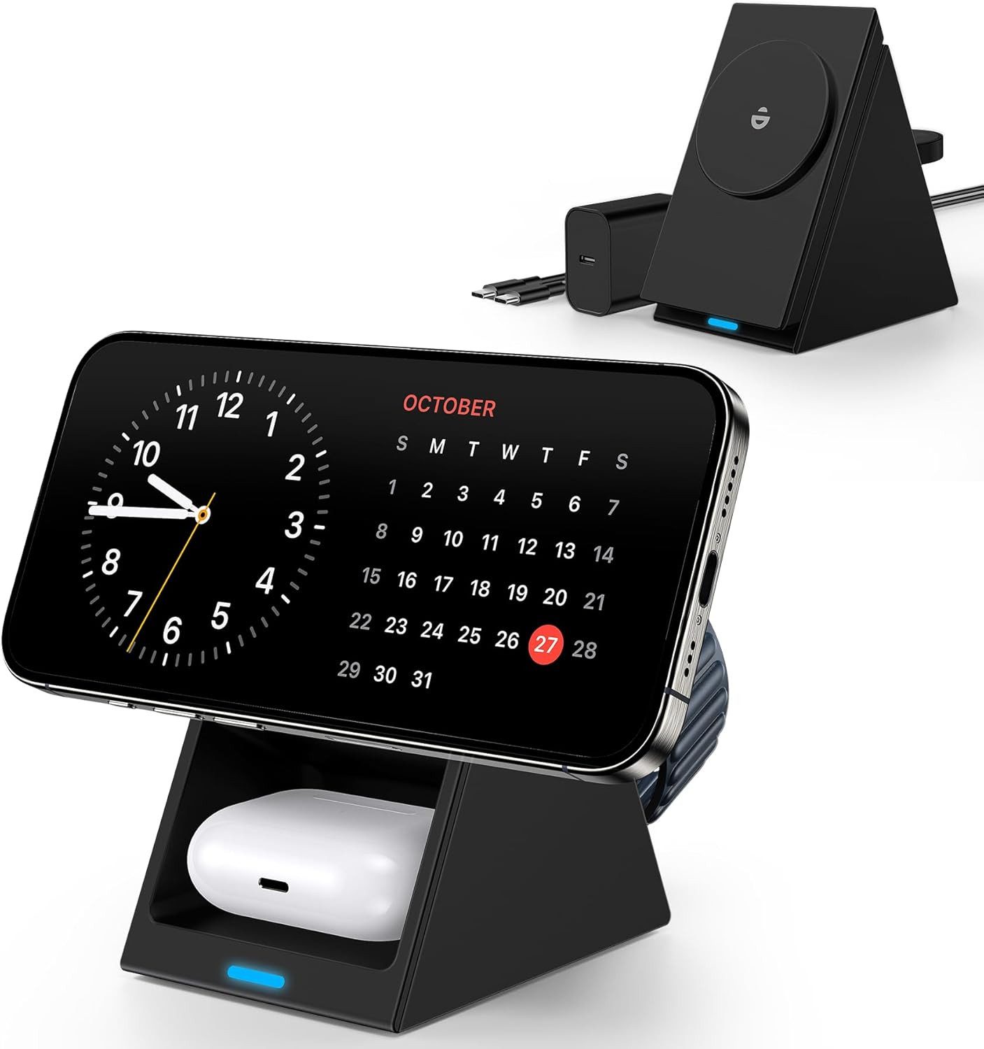 LA CUTE 3-in-1 MagSafe Ladestation mit Schnellladefunktion & 20W PD-Adapter Wireless Charger (2000 mA, Komplettset mit Netzteil und Kabel, inklusive 3-in-1 Ladestation, 20W PD-Adapter, USB-C-Ladekabel, MagSafe-kompatibel, gleichzeitiges Laden iPhone, Apple Watch AirPods)