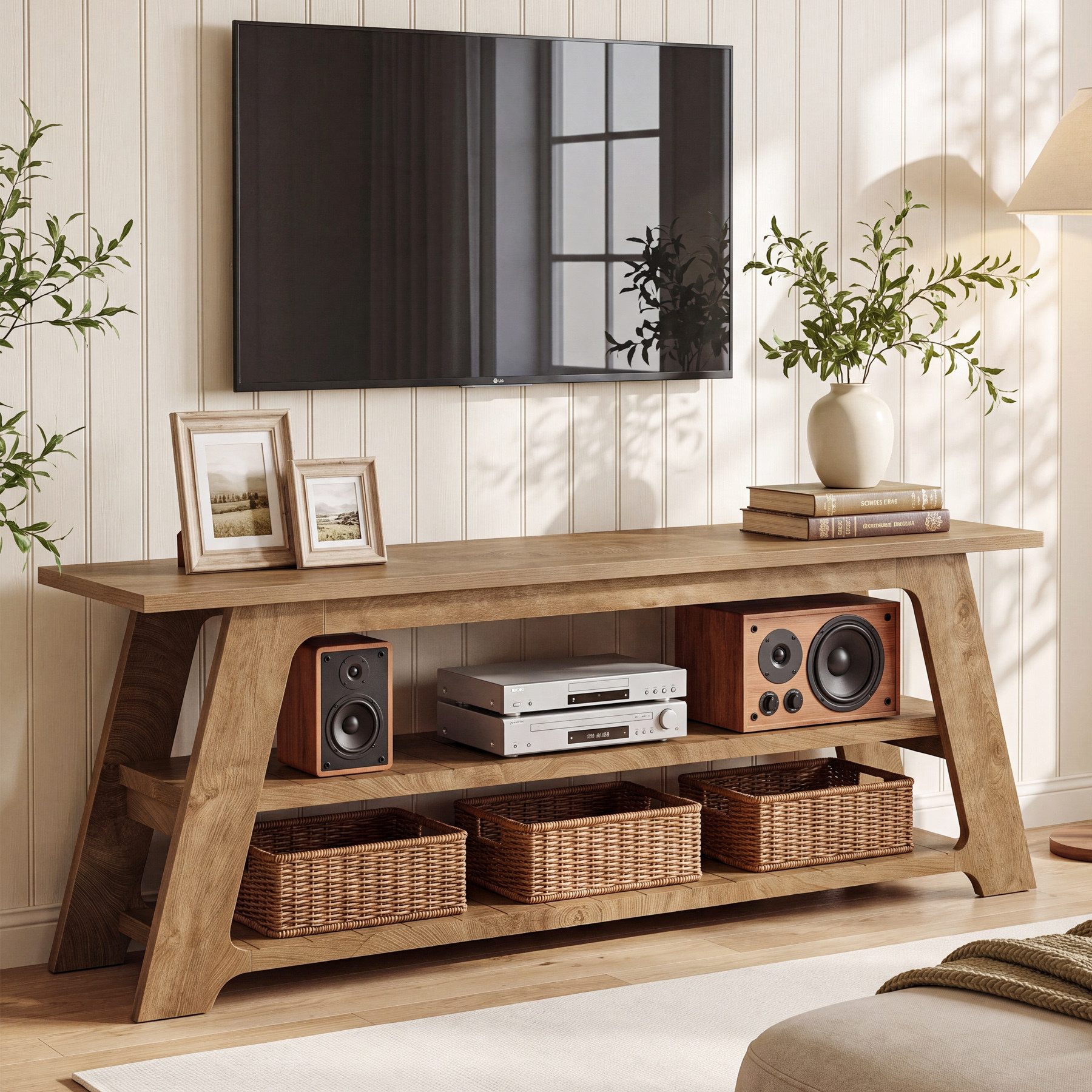 Tribesigns TV-Ständer 160cm TV-Konsole im Landhausstil, Konsolentisch mit 3 offenem Stauraum, (Fernsehkonsole mit stabilem, breitem A-Rahmen, MDF-Entertainment-Center für Fernseher von 55 bis 75 Zoll)