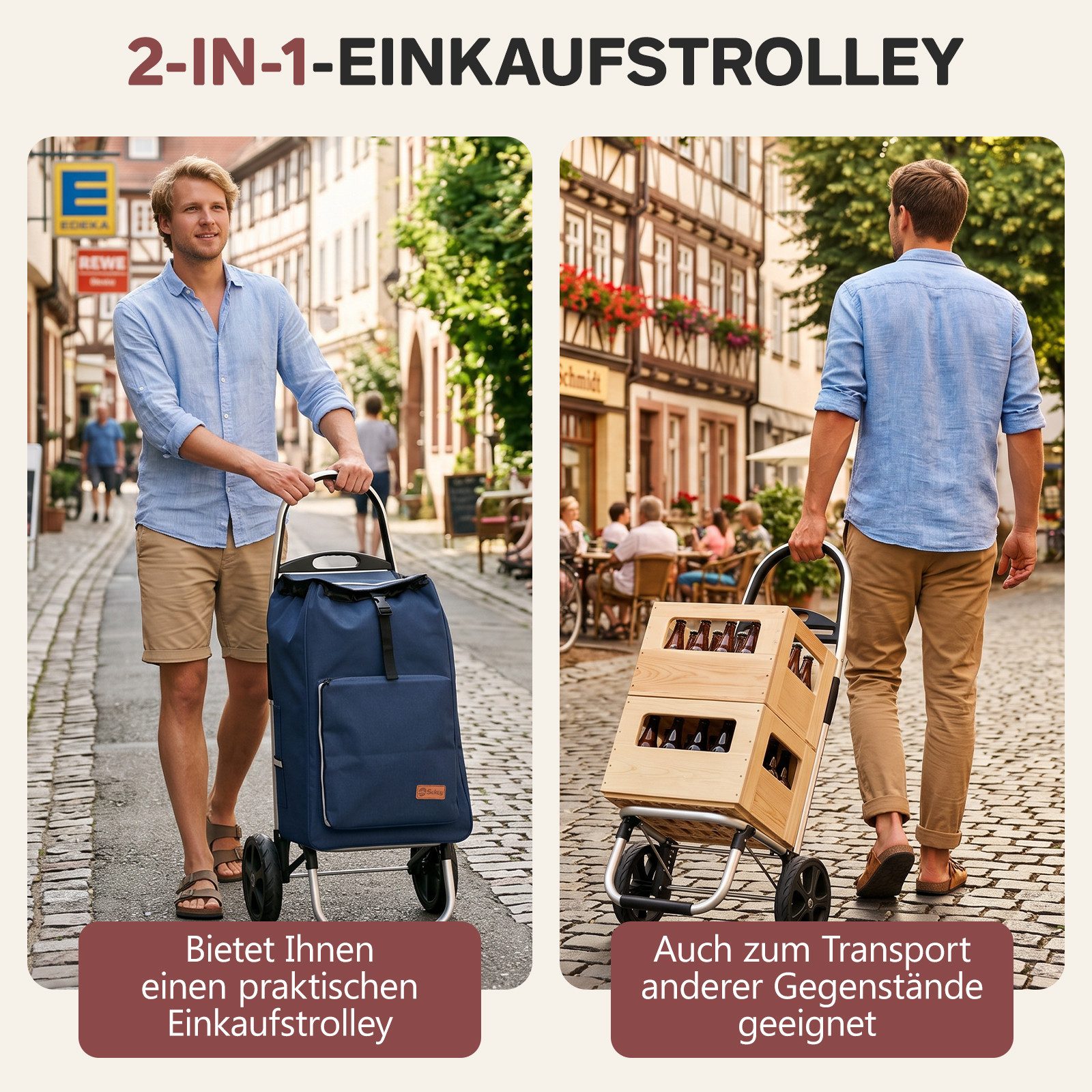 Sekey Einkaufstrolley 2 in 1 Klappbar Einkaufswagen mit Kühlfach - 50 Liter Einkaufsbeutel, 50 l, Faltbar Einkaufsroller mit großen Rädern und Sackkarren-Funktion