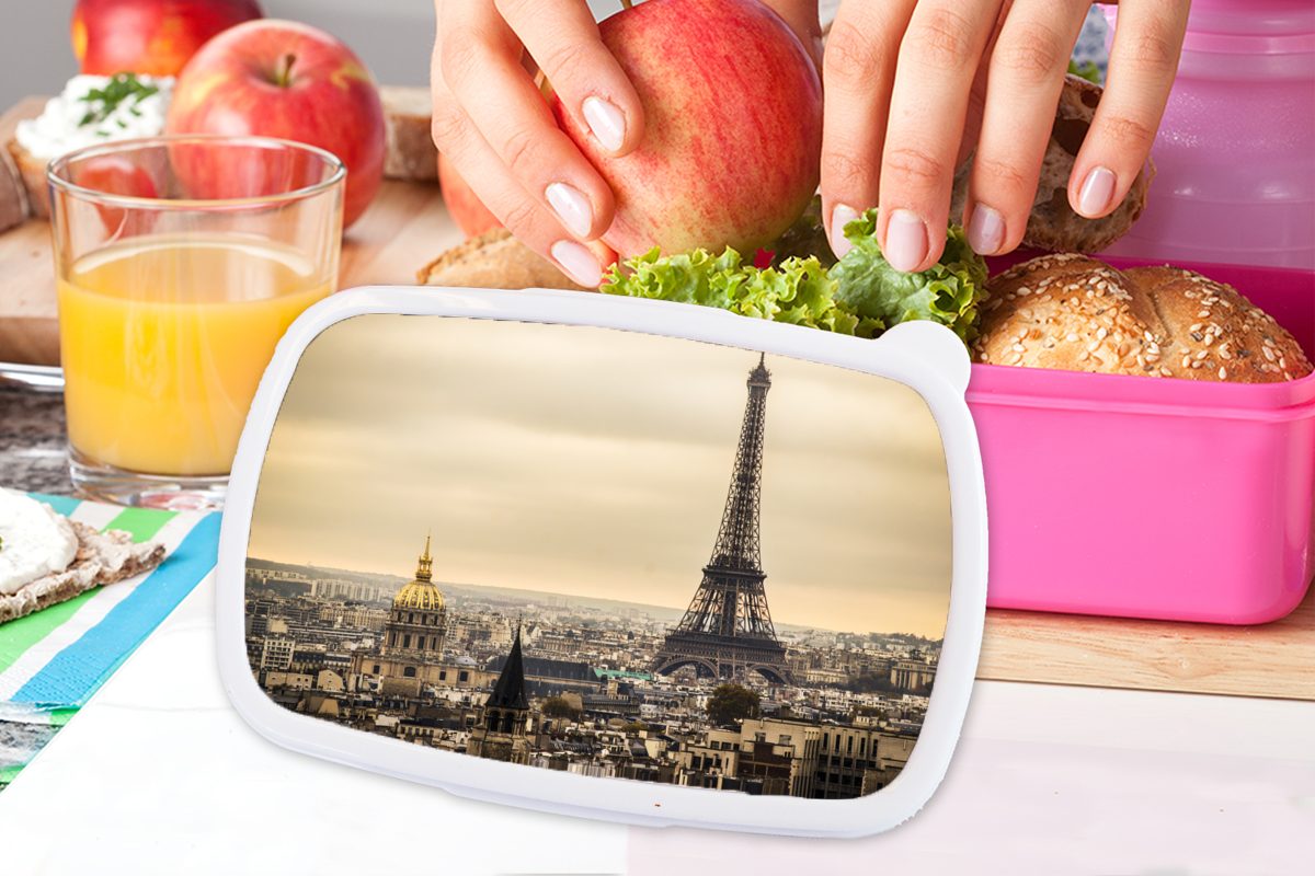 Lunchbox Paris Eiffelturm, dem und MuchoWow Mädchen, Wolken Brotdose (2-tlg), über Kinder, rosa Brotbox Kunststoff Snackbox, Erwachsene, für Dichte Kunststoff,