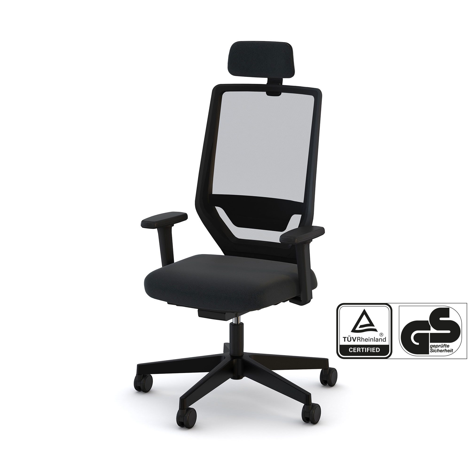 ASSMANN Büromöbel Bürostuhl Streamo (4D Armlehne in Höhe, Breite und Tiefe verstellbar sowie schwenkbar mit weicher PU-Auflage schwarz höhenverstellbar, verstellbare Armlehnen, Belastbar bis 120kg, verstellbare Rückenlehne, Lordosenstütze 5 Arm- Fußkreuz Netzrücken für Luftzirkulation Ergonomisch gepolstert, fertig montiert), TÜV-zertifiziert