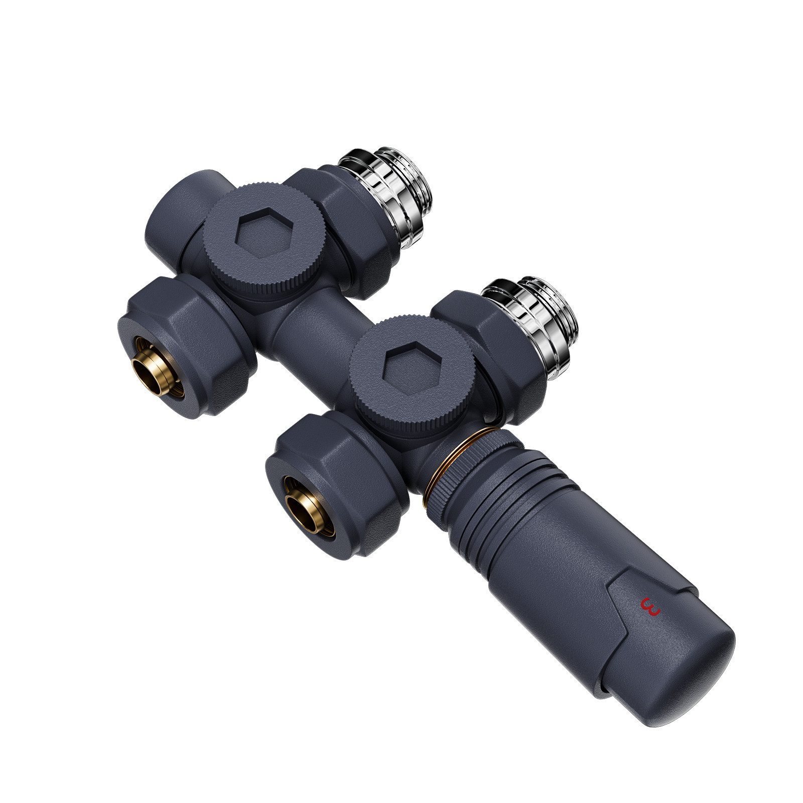 MEYKOERS Heizkörperthermostat Multiblock Set für Heizkörper Messing Anschlussarmatur, (Geeignet für 15 mm tubes en cuivre und 16 mm Mehrschichtrohre, 1 St., G 1/2", 50mm Anschluss mittig-unten) Eck- und Durchgangsform Anschlussarmatur, Weiß / Anthrazit / Chrom