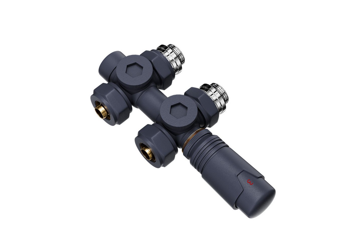 MEYKOERS Heizkörperthermostat Multiblock Set für Heizkörper Messing Anschlussarmatur, (Geeignet für 15 mm tubes en cuivre und 16 mm Mehrschichtrohre, 1 St., G 1/2", 50mm Anschluss mittig-unten) Eck- und Durchgangsform Anschlussarmatur, Weiß / Anthrazit / Chrom