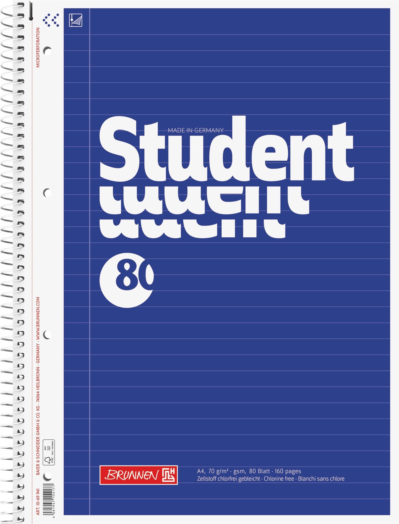 Baier & Schneider Collegeblock Collegeblock Student liniert A4 80 Blatt blau