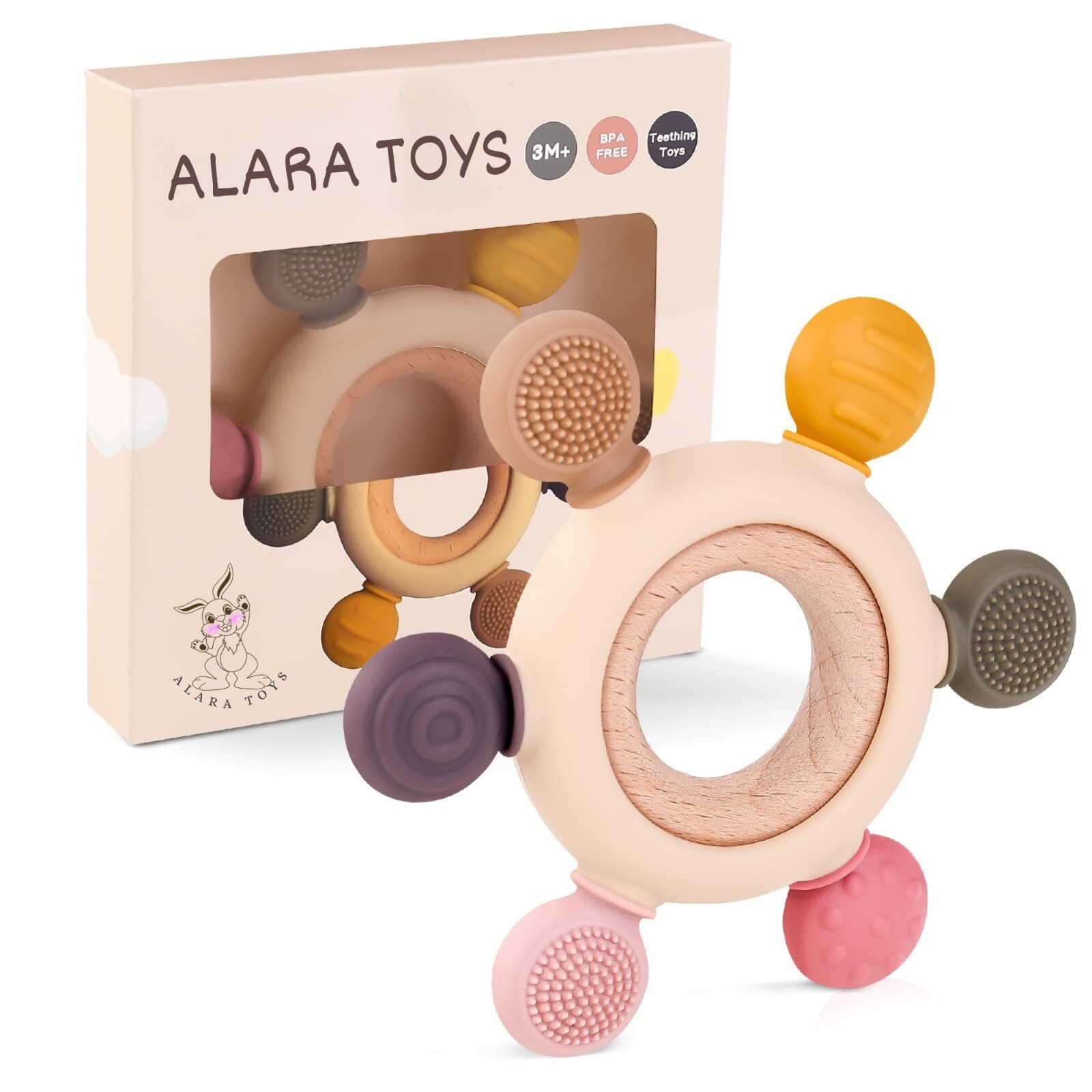 ALARA TOYS Beißring Babys Zahnungshilfe Zahnen Spielzeug Baby BPA-frei, Holz & Silikon, ab 3 Monaten, Kleinkinder