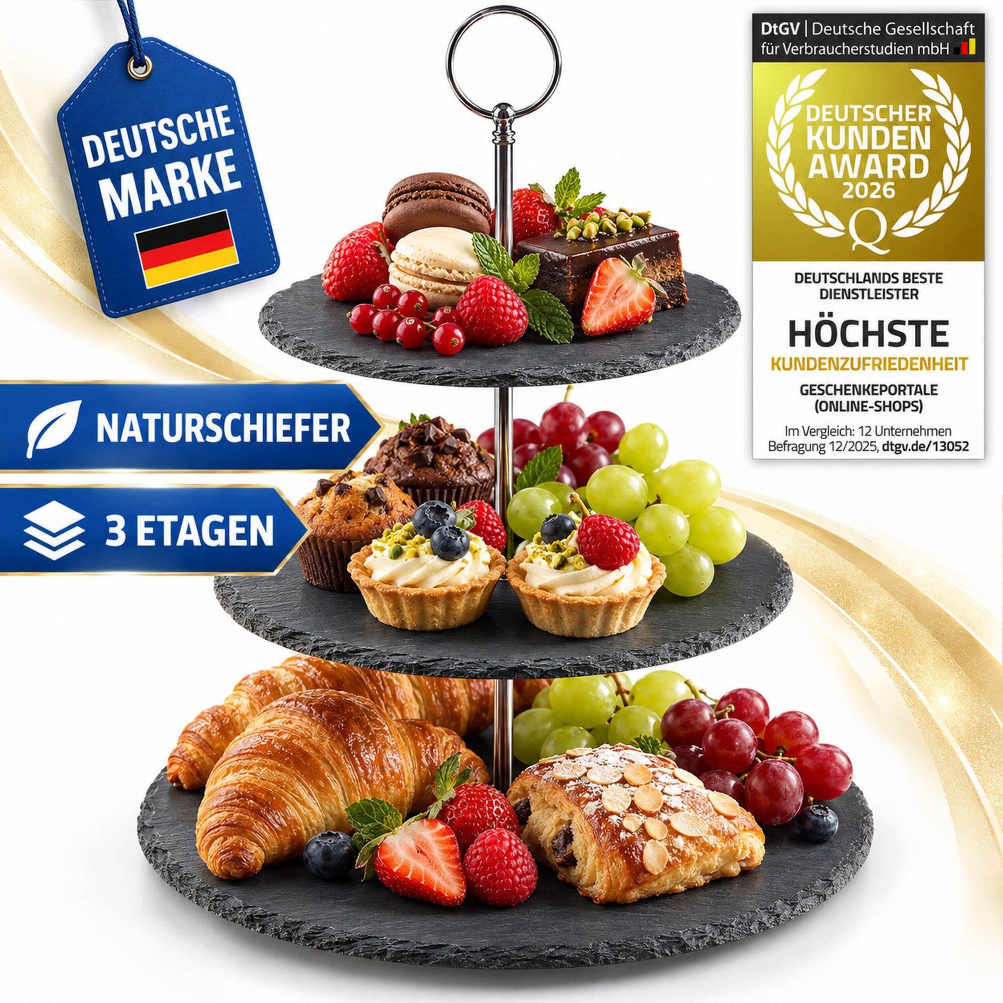 Dimono Etagere Dimono Deluxe 3-stöckige Etagere – Servierständer aus Natur-Schiefer, Schiefer Naturstein, (3-Etagen Servierschalen, Obst- & Gemüseschale), Servierschalen für Desserts, Obst, Gemüse, Süßes uvm.