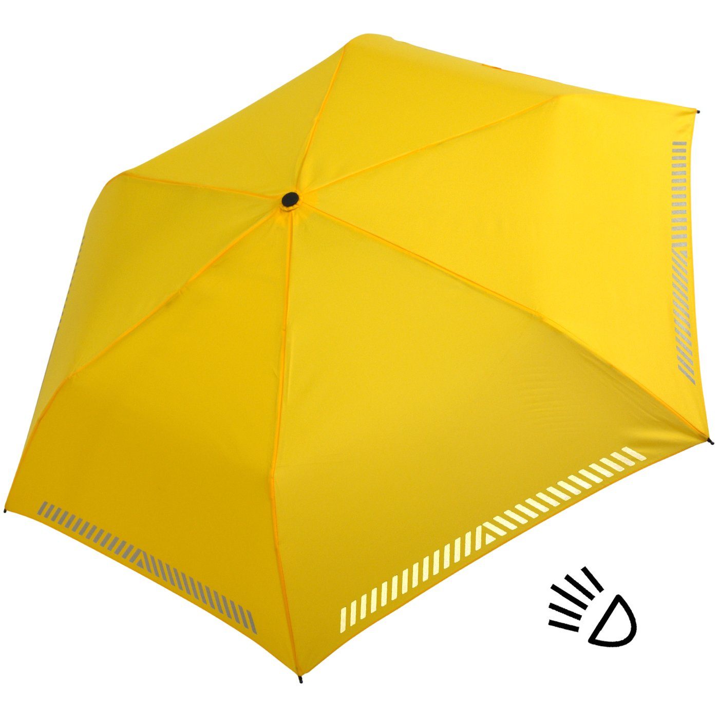 - iX-brella Taschenregenschirm gelb durch Sicherheit mit reflektierend, Kinderschirm Auf-Zu-Automatik, Reflex-Streifen