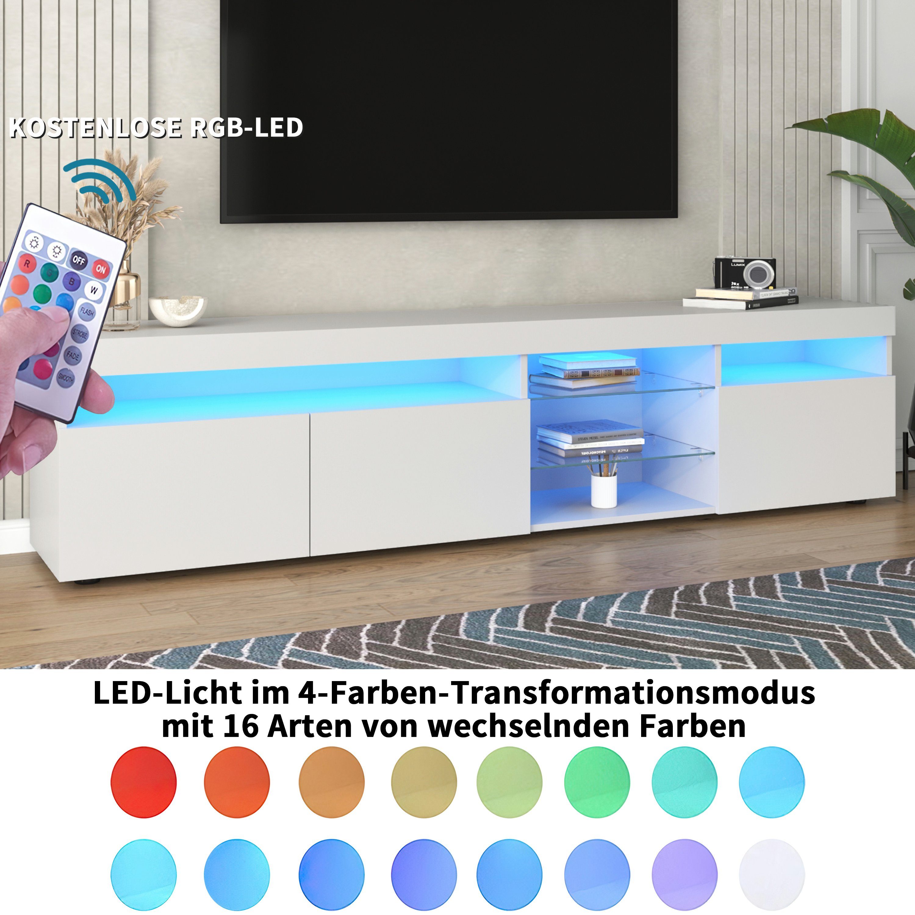 HAUSS SPLOE TV-Schrank TV-Tisch TV-Lowboards (3 LED-Beleuchtung Schranktüren) LED-Beleuchtung (mit Fernsehschrank Variable Schrank TV Weiß
