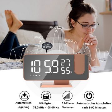 OKWISH Projektionswecker Digital Wecker Radiowecker Digitalwecker Projektion LED Alarm Radio ohne Akku Projektion 180 ° Dual-Alarm Temperatur 12/24H USB-Anschluss