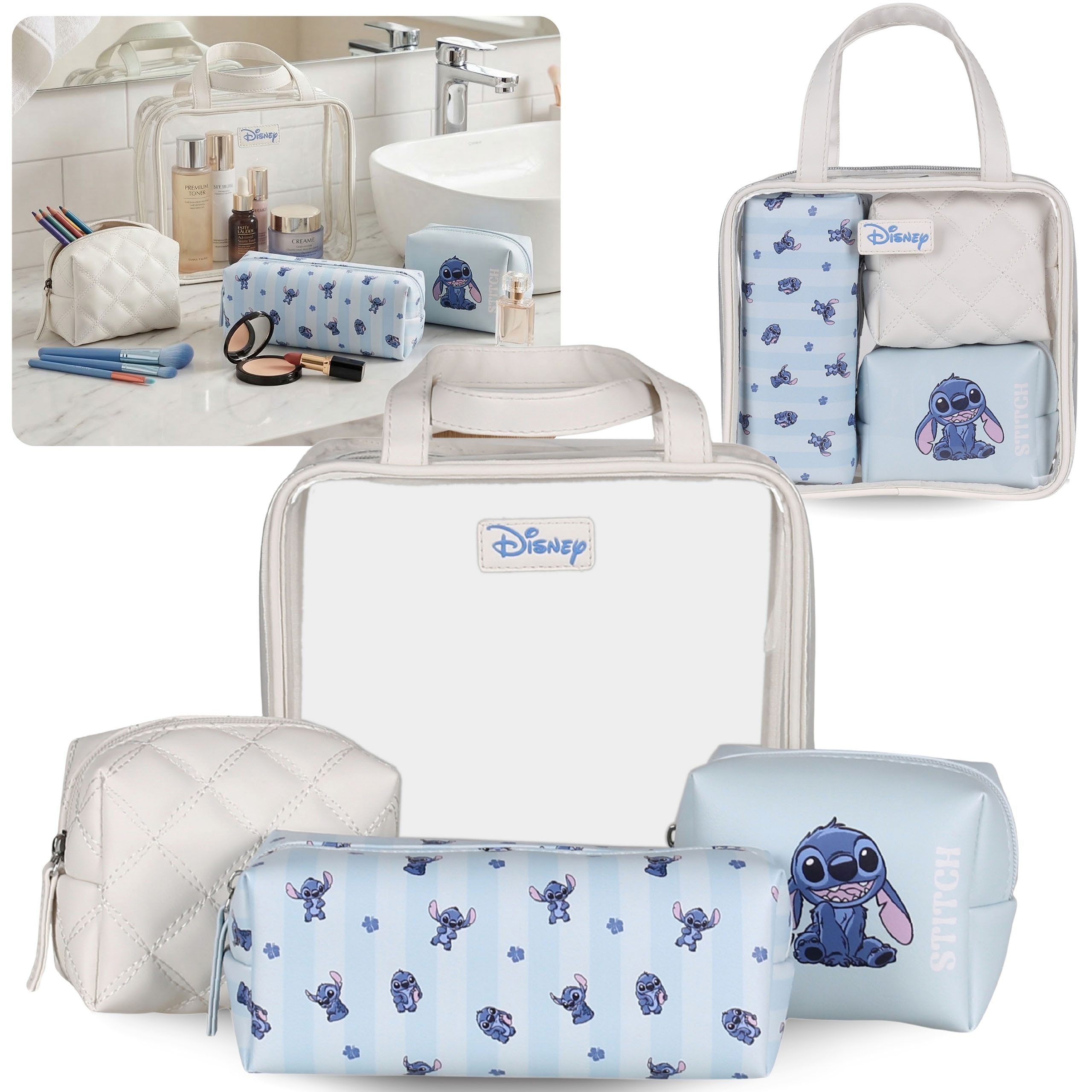 Kosmetiktasche DISNEY Stitch Kosmetiktaschen Set 4 Stück Beige Blau Reißverschluss