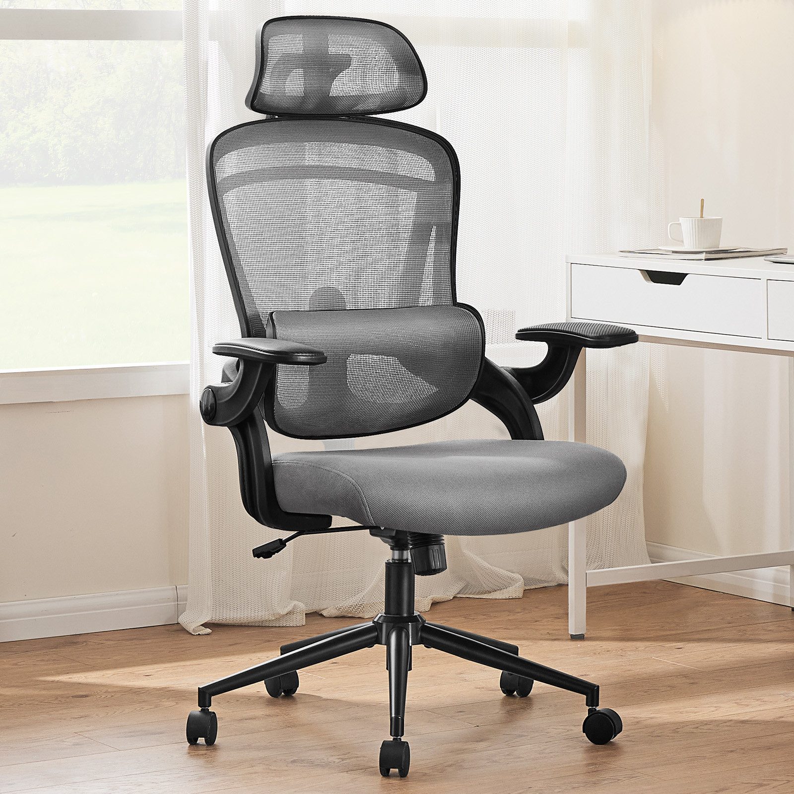 ANYSUN Bürostuhl Ergonomisch Schreibtischstuhl bis 125 kg (Verstellbare Kopfstütze, atmungsaktiver Mesh-Bezug), Rücken- und Taillenstütze, Neigung fixierbar bei 90°