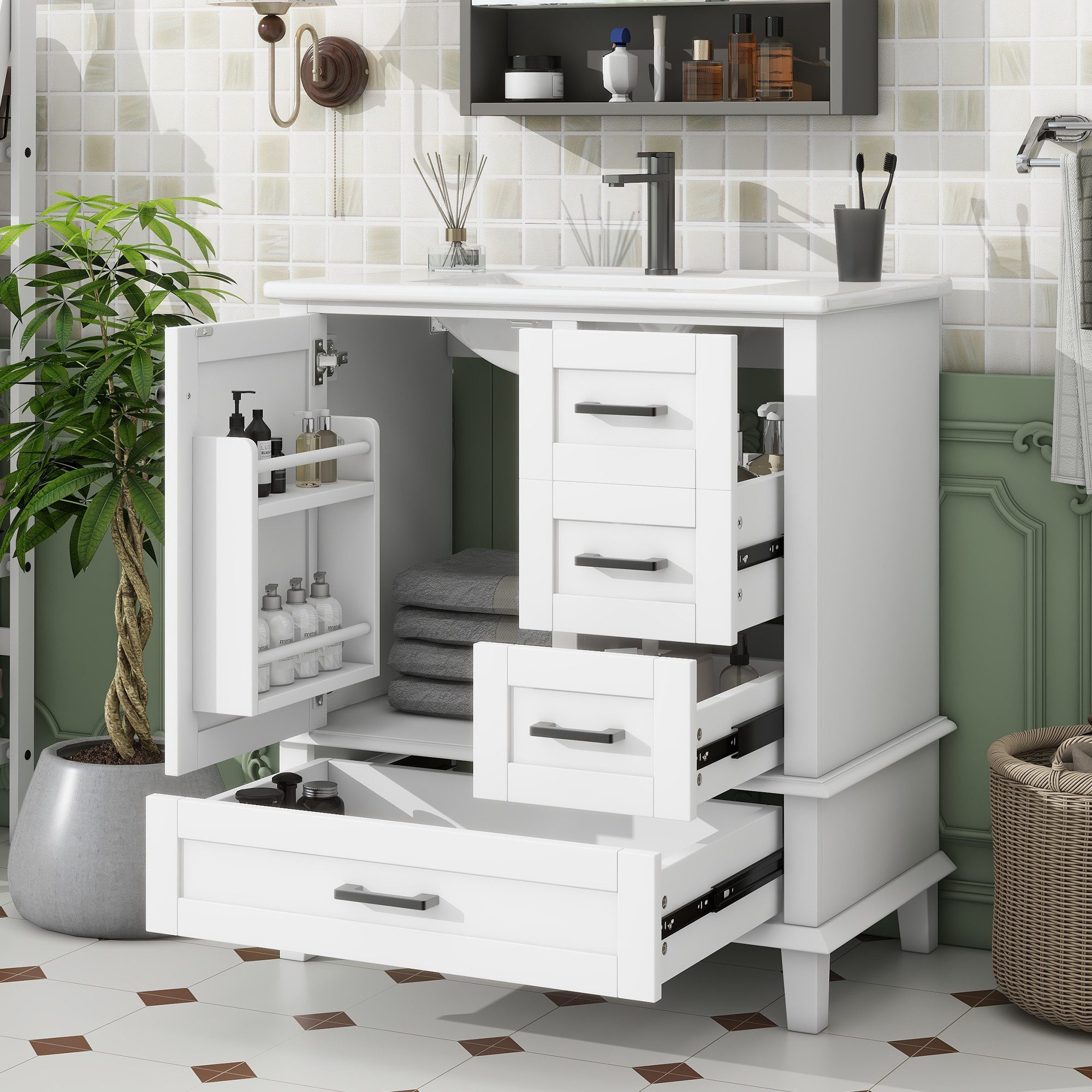 Merax Waschtisch mit 3 Schubladen und 1 Türregal (Badschrank Badezimmerschr günstig online kaufen