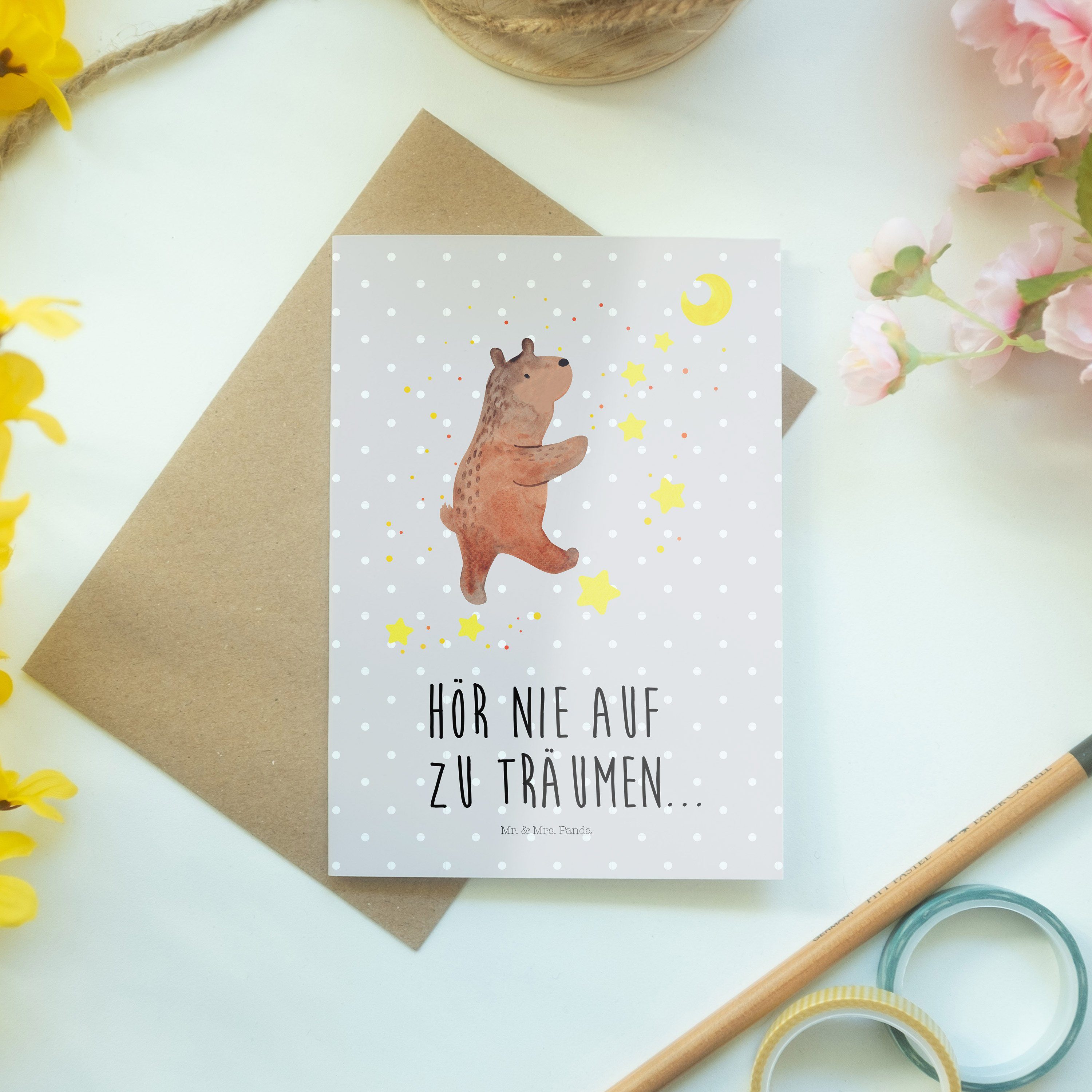Mr. & Mrs. Panda Grußkarte Grau - Tra Bär - Pastell Träumen, Geschenk, Glückwunschkarte, Träume