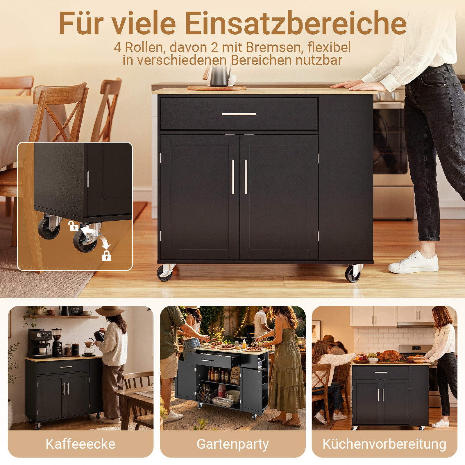 SoBuy Küchenwagen FKW108, Kücheninsel mit Arbeitsplatte, Sideboard freistehend, mit Arbeitsplatte, Servierwagen auf Rollen, Küchenschrank Esszimmer – Bild 5 von 5
