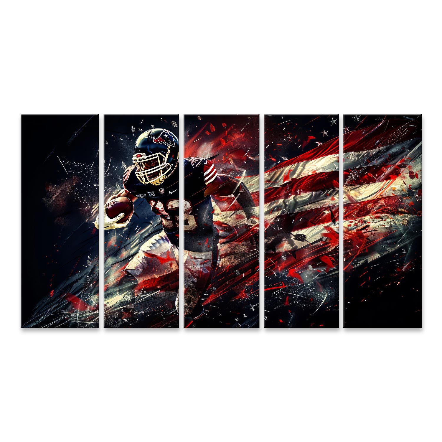islandburner Leinwandbild, Dynamischer Footballspieler mit amerikanischer Flagge