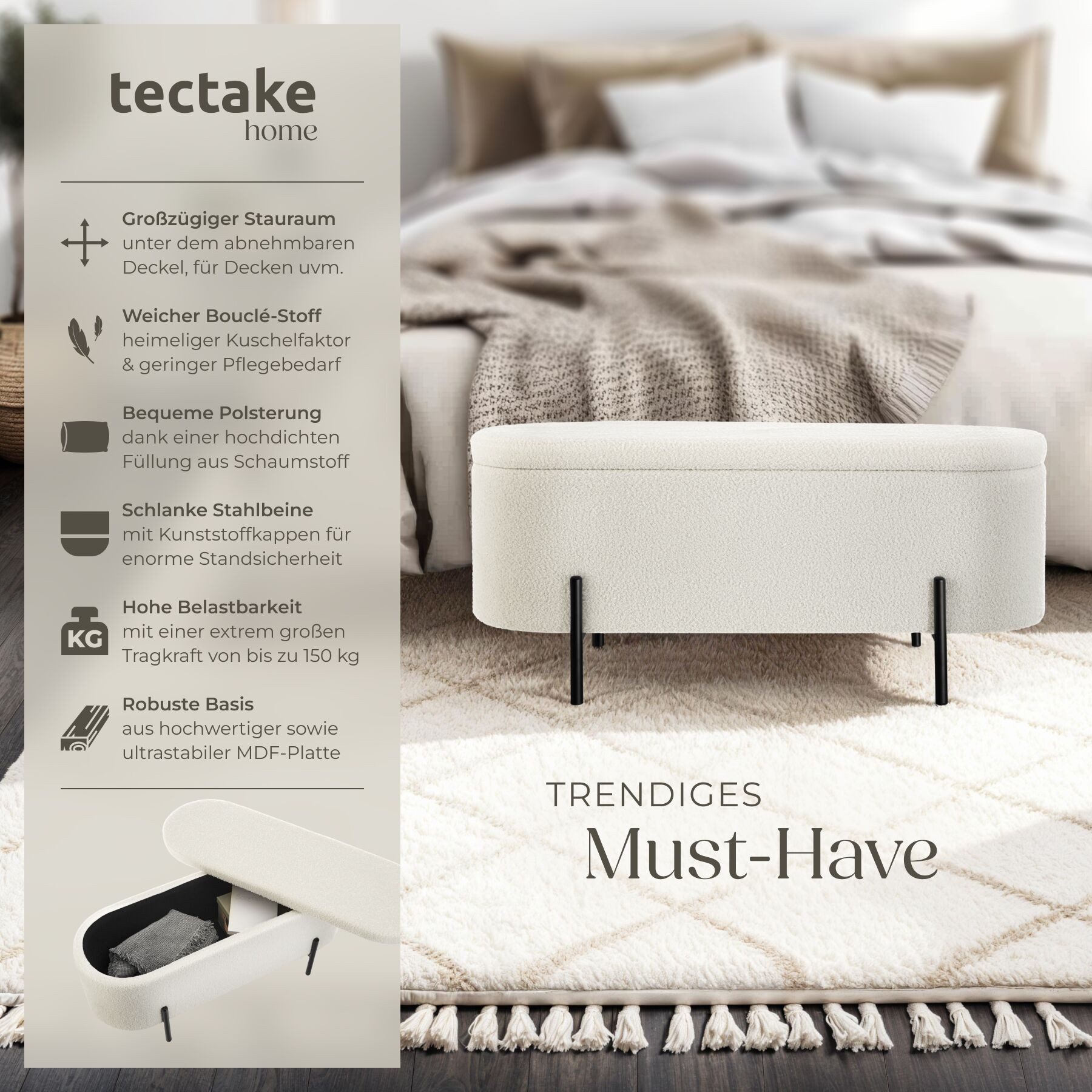 tectake Bank Sitzbank Lanja, gepolstert, mit Bouclé-Stoff und Stauraum, Bequeme Polsterung mit hochdichter Schaumstofffüllung