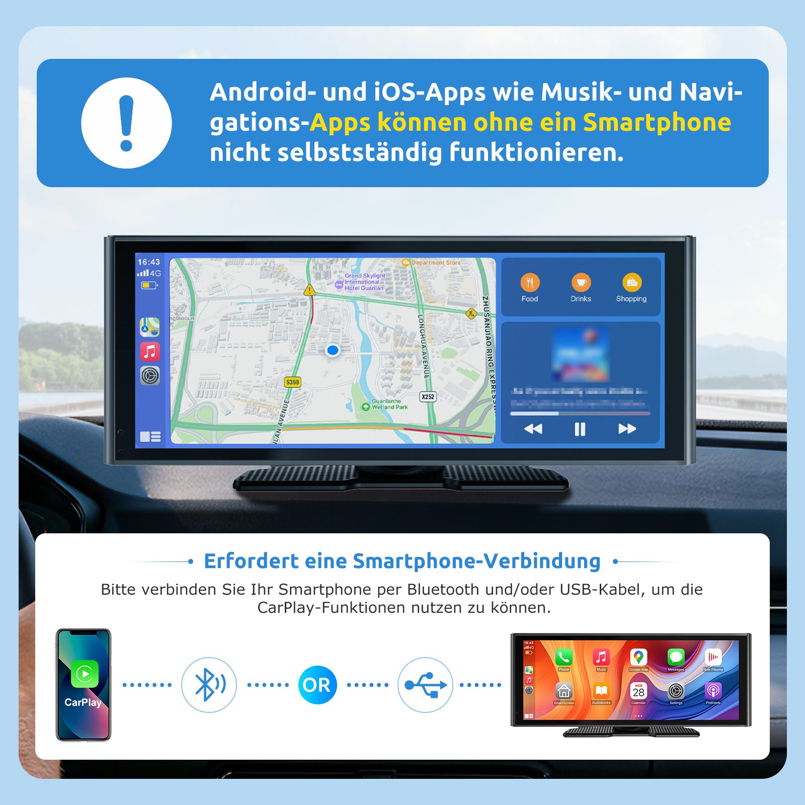 ESSGOO 4K 10.26'' Wireles Carplay Android Auto AutoRadio GPS Navigationsgerät Dashcam (Android Auto, Apple carplay, WiFi, TF Card, 64GB Rom TF Card WiFi,4K-Frontkamera/10.26" IPS Bildschirm(1600*600)