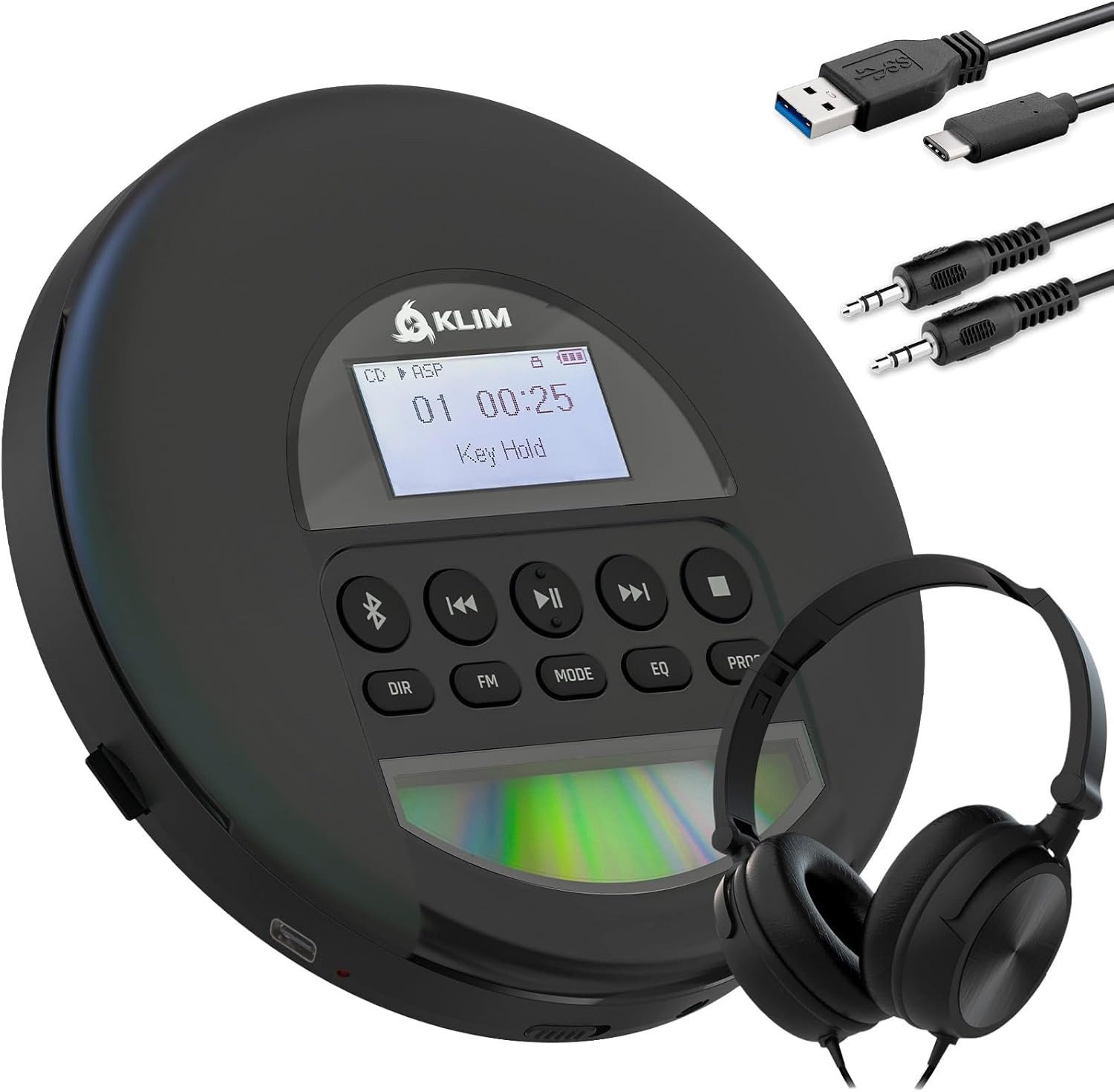 KLIM Nomad tragbarer CD-Player (Bluetooth, Discman mit On-Ear Kopfhörer, Ideal für Autos, MP3)