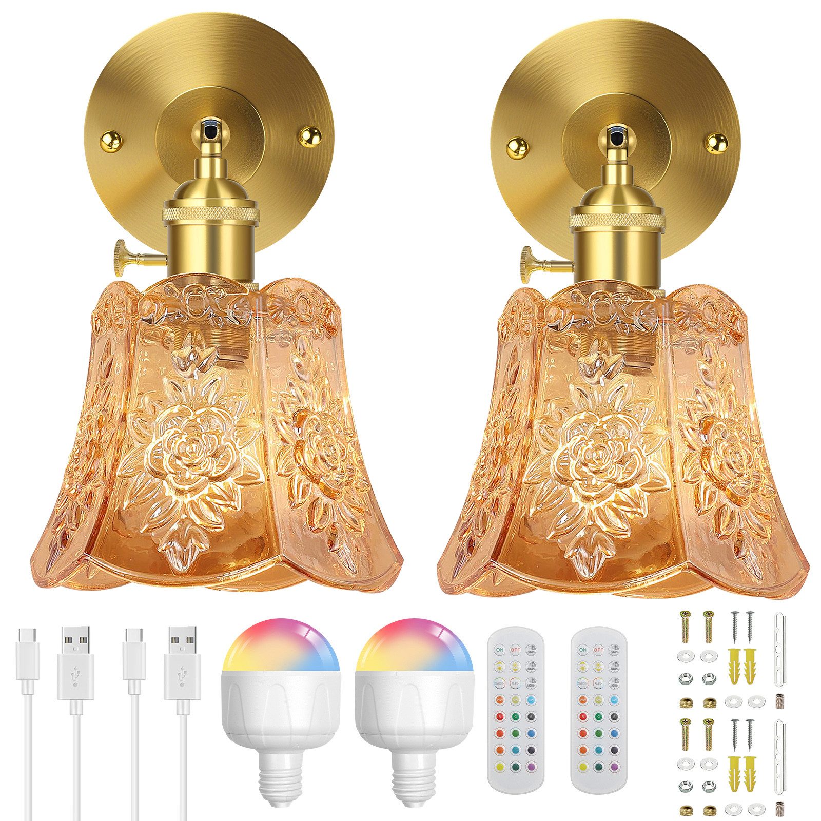 Rosnek LED Wandleuchte Vintage Wandleuchte mit Fernbedienung, Timer, Memory & Dimmbar, Halogen, LED wechselbar, RGB Licht, einfache Montage, für Bett, Schlafzimmer & Wohnzimmer