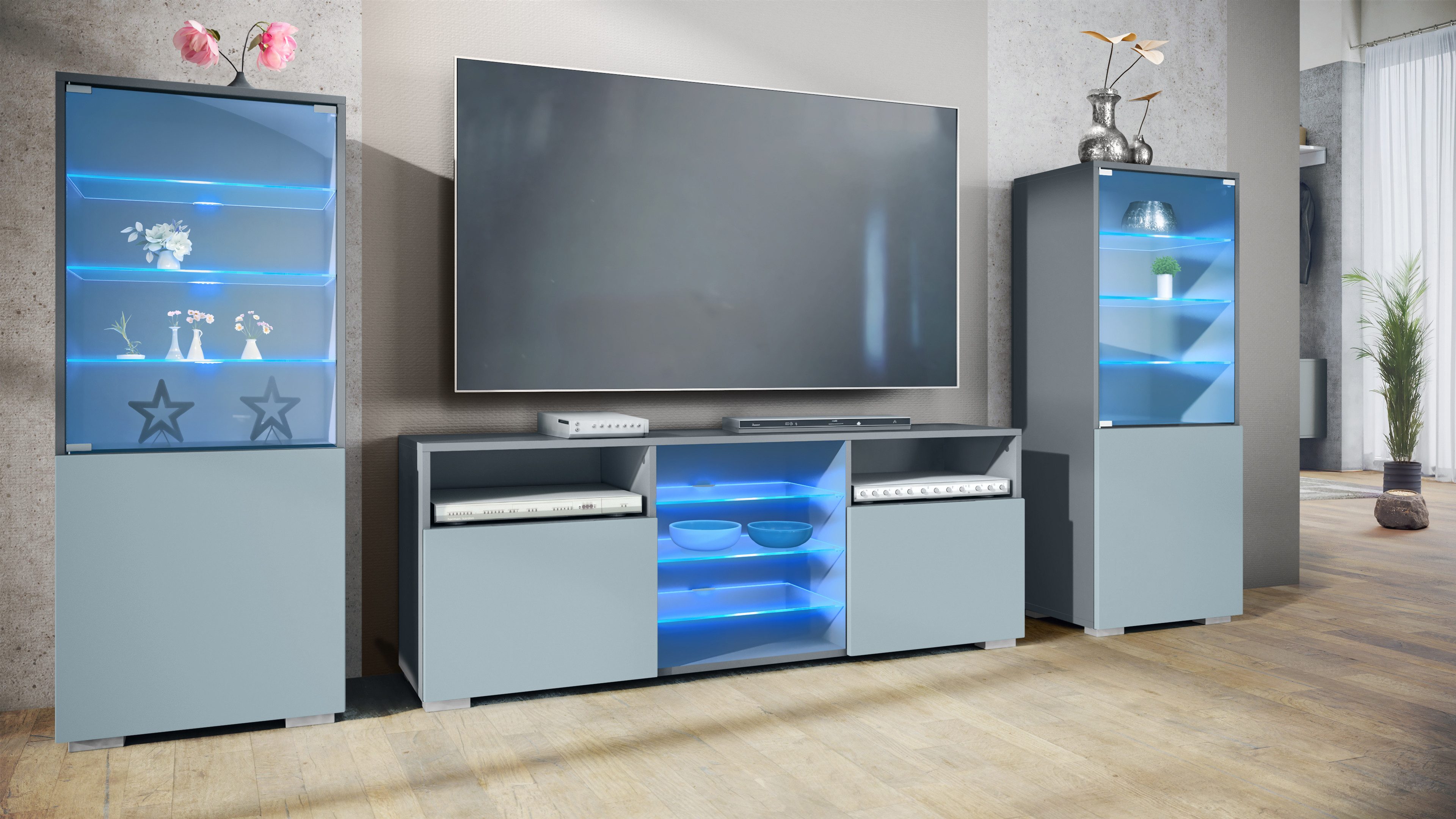 Vladon Wohnwand Granada, (Anbauwand, bestehend aus 2 Vitrinen, 1 TV-Board und LED-Beleuchtung), Anthrazit matt/Denim matt (286 x 122,5 x 35 cm)