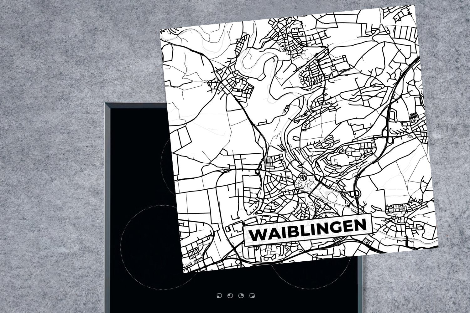 Karte Waiblingen küche - für 78x78 MuchoWow (1 Vinyl, Ceranfeldabdeckung, cm, - Herdblende-/Abdeckplatte tlg), Arbeitsplatte Stadtplan,