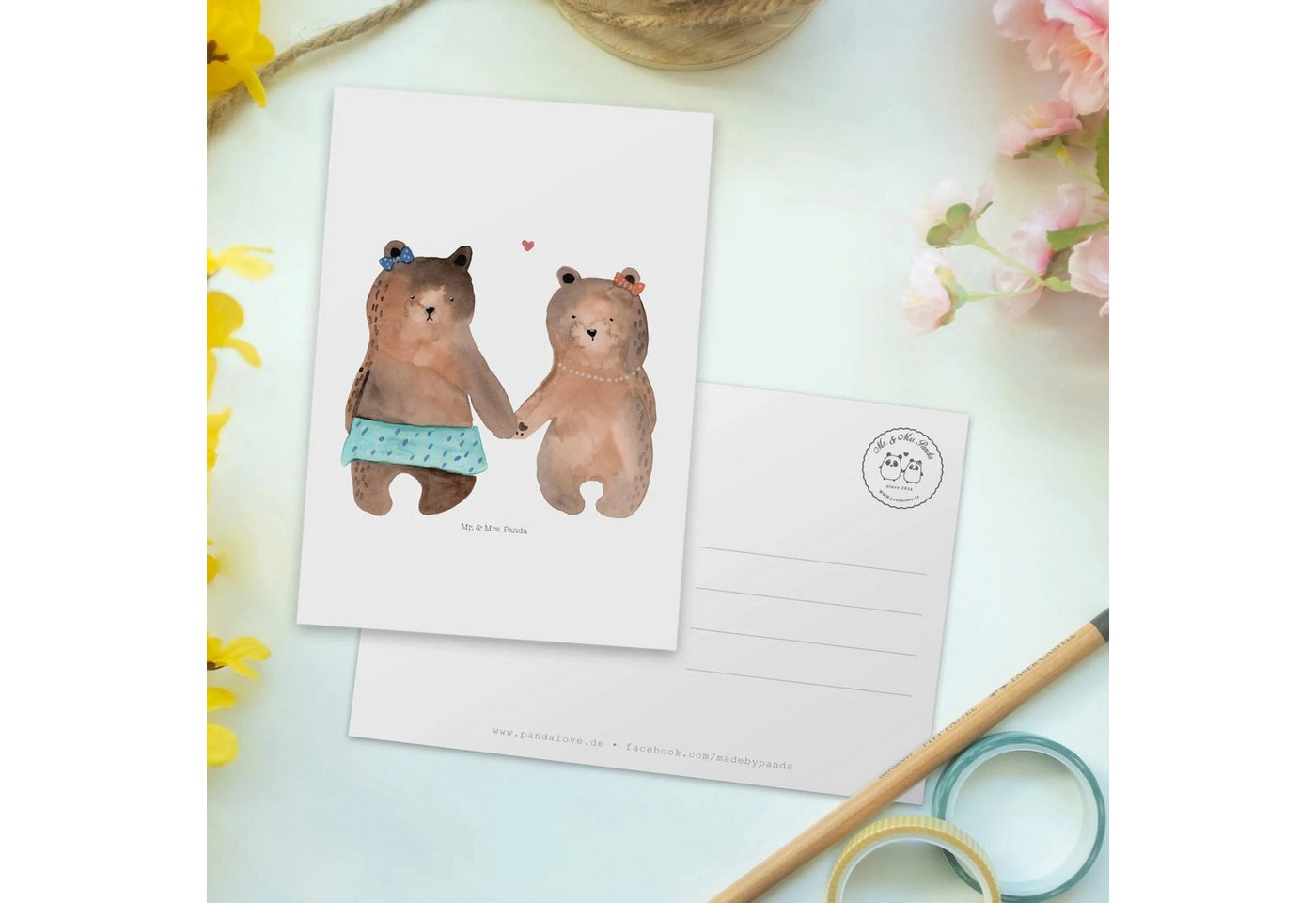 Thumbnail - Mr. & Mrs. Panda Postkarte Bär Freundin - Weiß - Geschenk, Postkarte, Ansichtskarten, Einladungs, Liebevolles Design