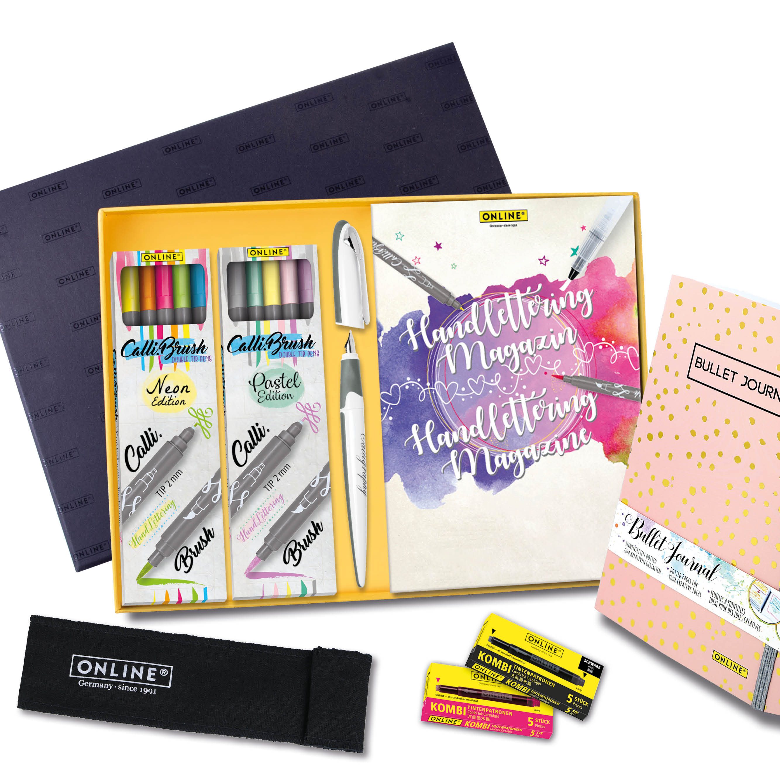 Online Pen Kreativset Handletteringset, (Aquarell-Malset für Handlettering, Kalligrafie oder Zeichnen, Aquarell-Block, 10x Calli.Brush Pens, Waterbrush-Pen, Aquarell-Magazin), in Geschenbox