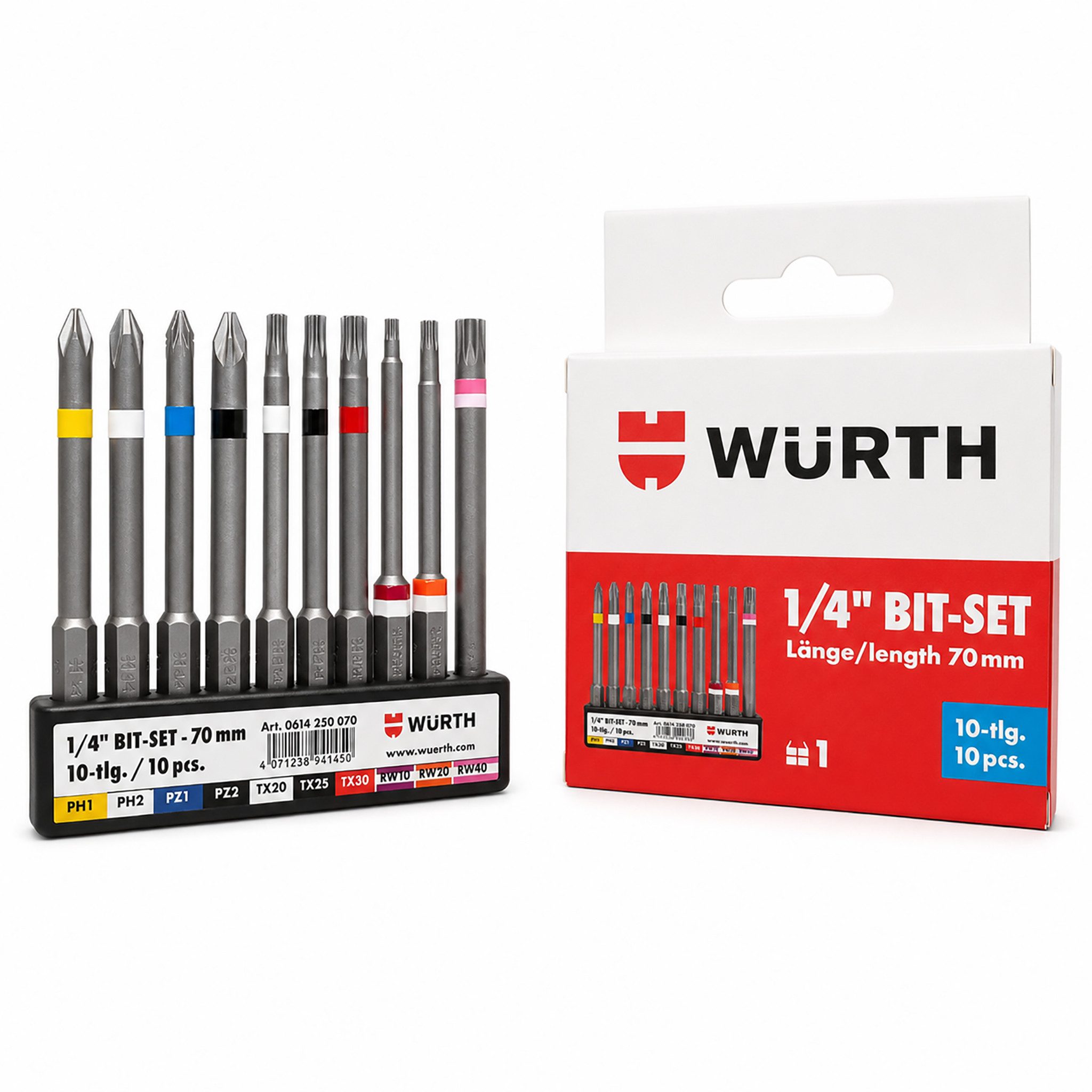 Würth Bohrer- und Bitset Bit-Sortiment lang 70 mm 1/4 Zoll mit Gürtelclip 10-teilig 0614250020, 10-St., Profile: PH, PZ, TX und RW®