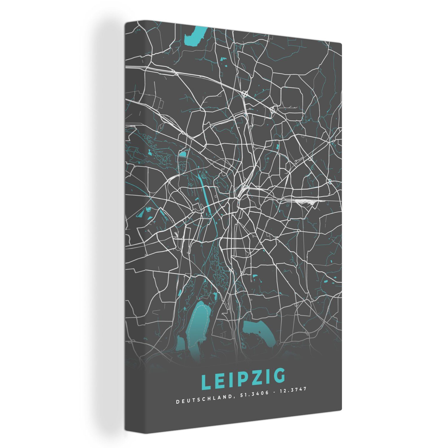 OneMillionCanvasses® Leinwandbild Stadtplan - Leipzig - Deutschland - Karte, (1 St), Leinwandbild fertig bespannt inkl. Zackenaufhänger, Gemälde, 20x30 cm